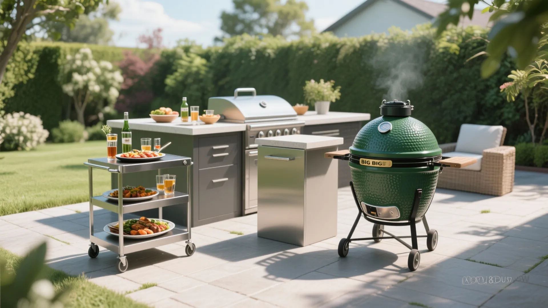 Outdoor kitchen with Big Green Egg and mobile serving cart