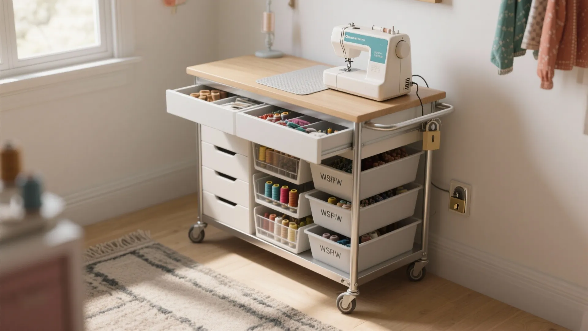 White mobile storage cart with wooden top holding a sewing machine and colorful thread spools