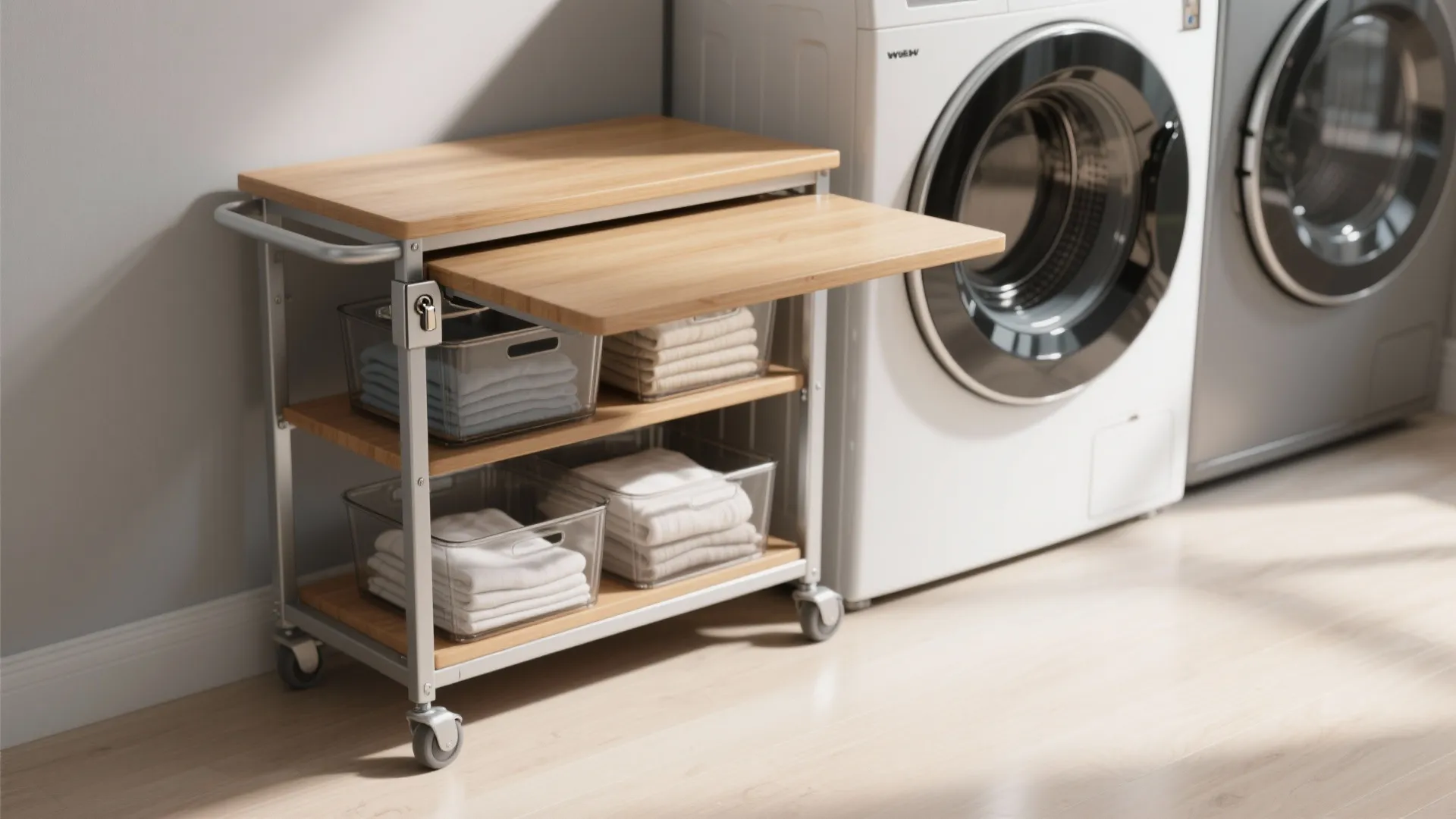 Wooden rolling laundry cart with clear bins for folded towels next to white washing machine