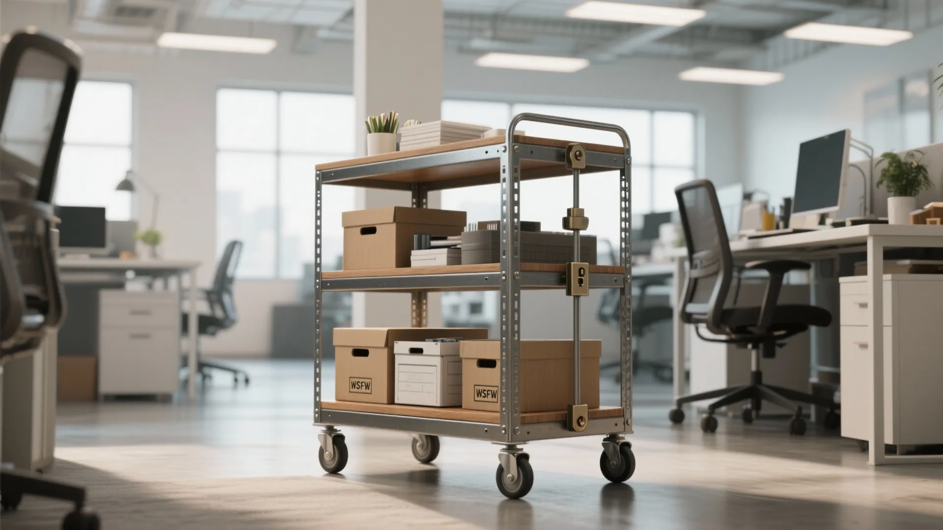 Vintage-style mobile shelving cart with locking casters in a modern small office