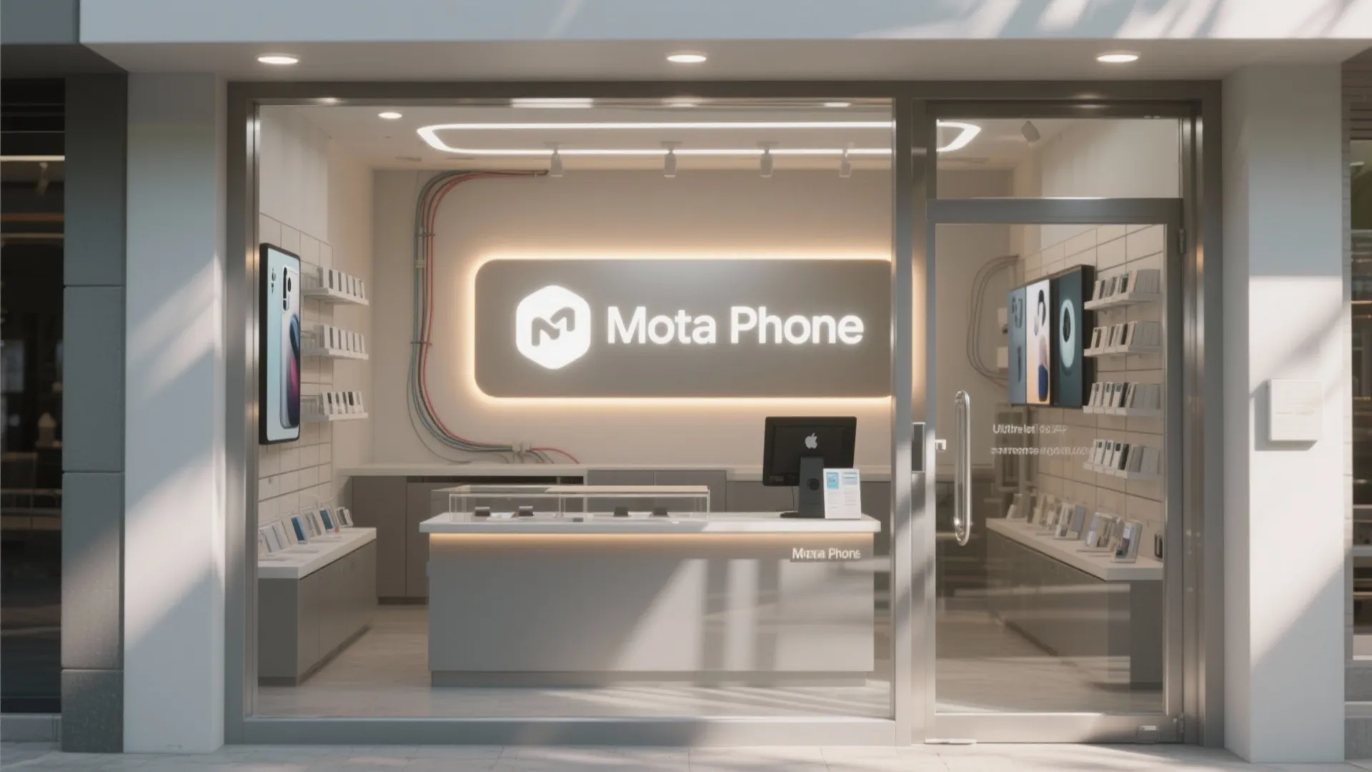 Modern mobile phone store interior with white counter shelves glowing wall sign and glass front