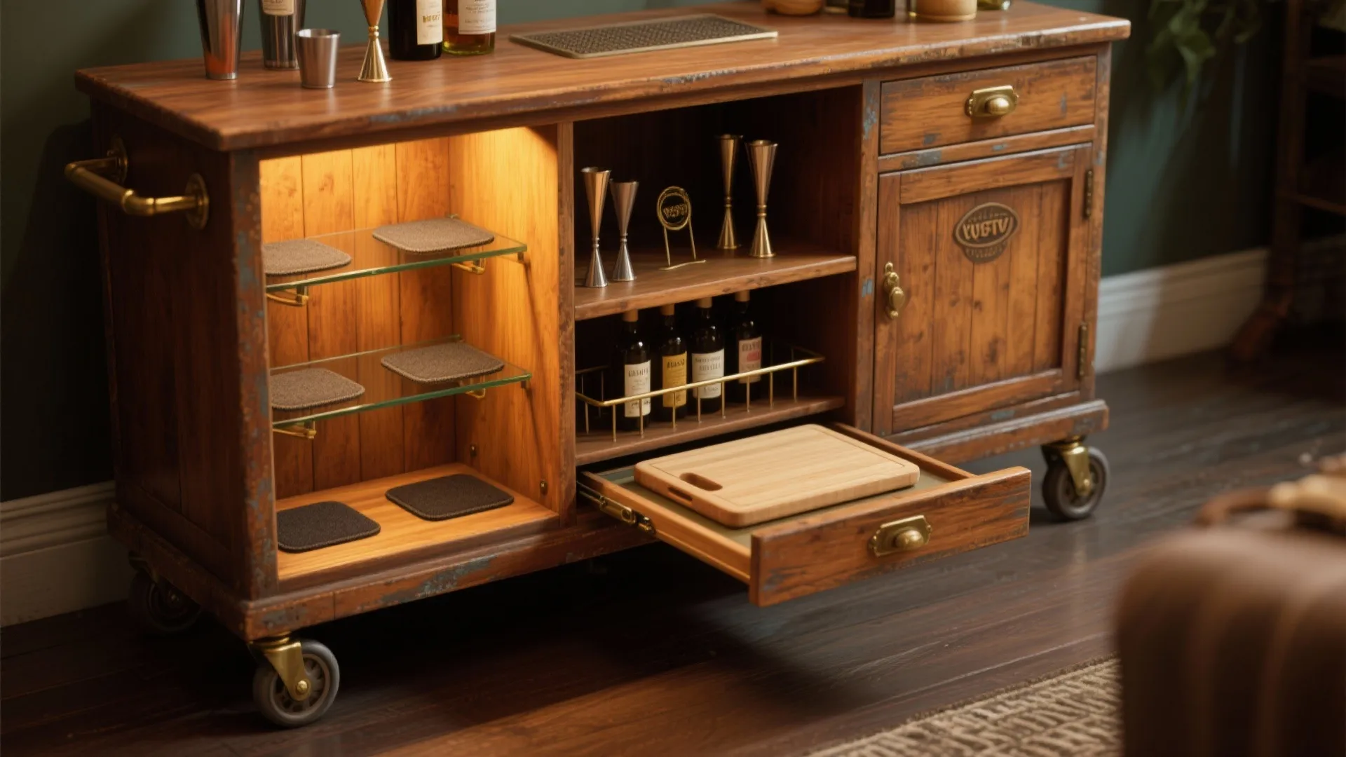 Wooden mobile bar cabinet on wheels featuring internal lighting and pull out tray with bottles