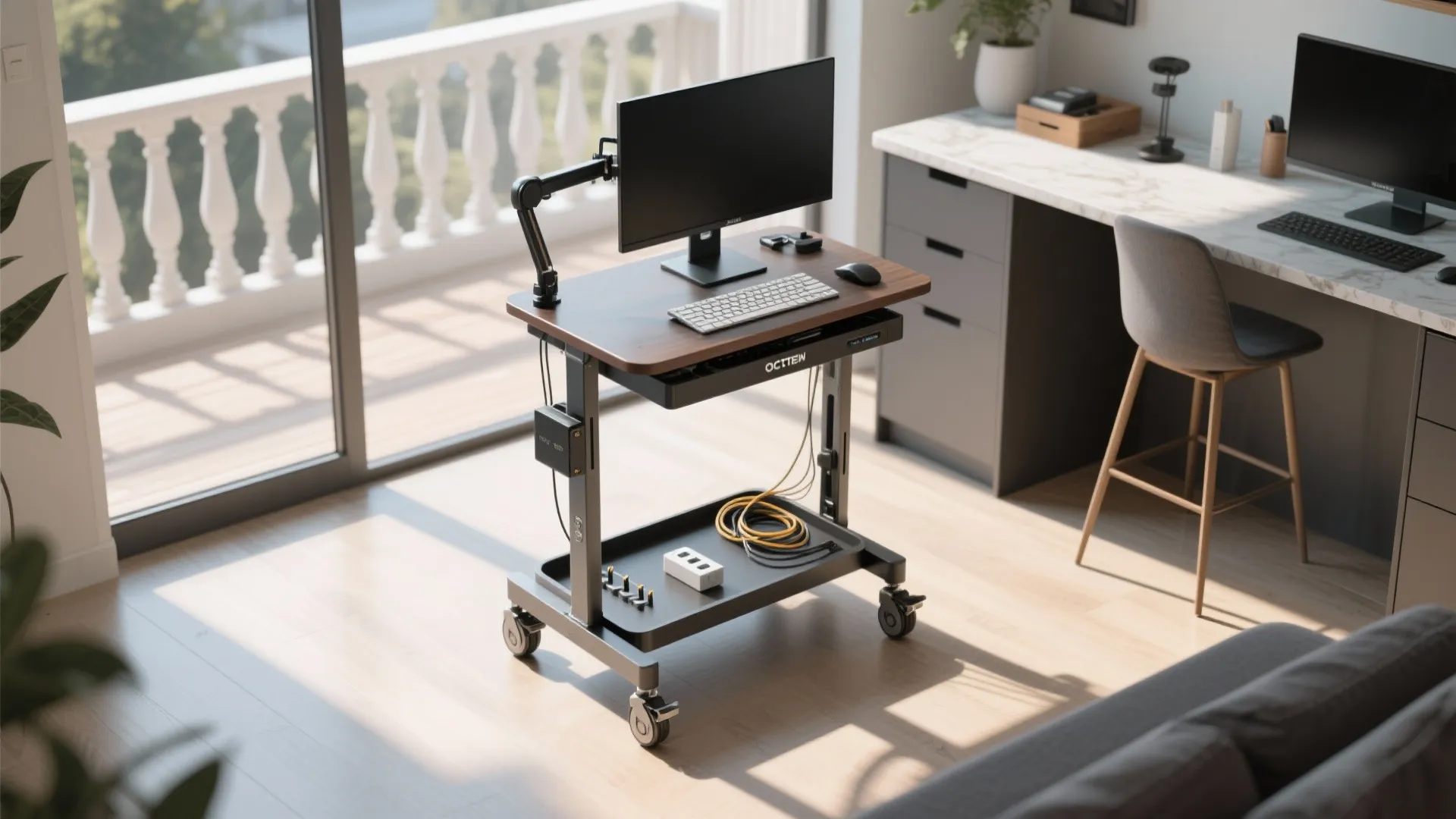 Mobile standing desk with wooden top holding monitor keyboard and mouse on wheels in office