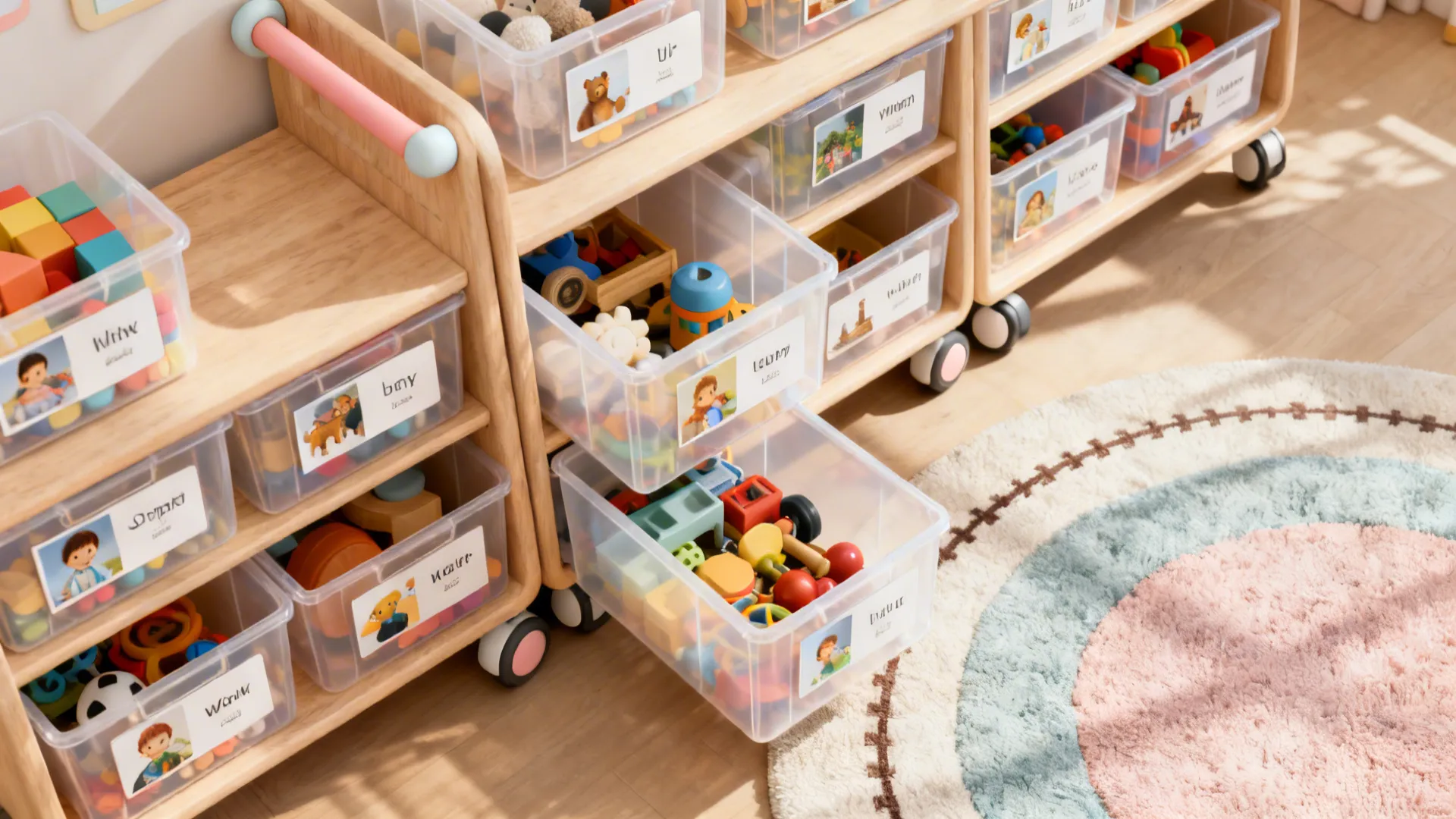 Wheeled low shelving with clear, labeled bins and picture-word labels for easy cleanup.