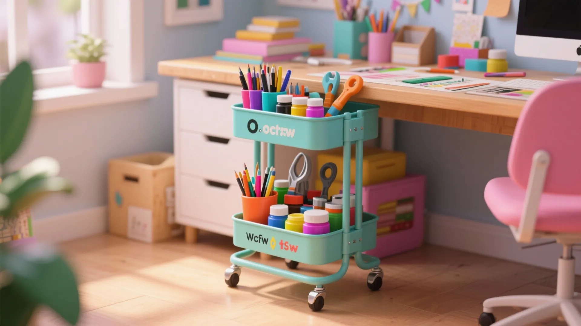 Blue mobile storage cart with art supplies next to a wooden desk and pink chair