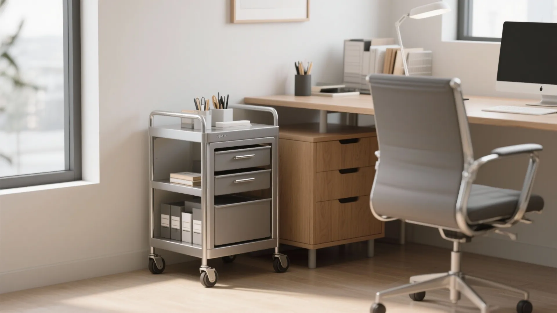 Modern home office with a metal storage cart next to a wooden desk and chair