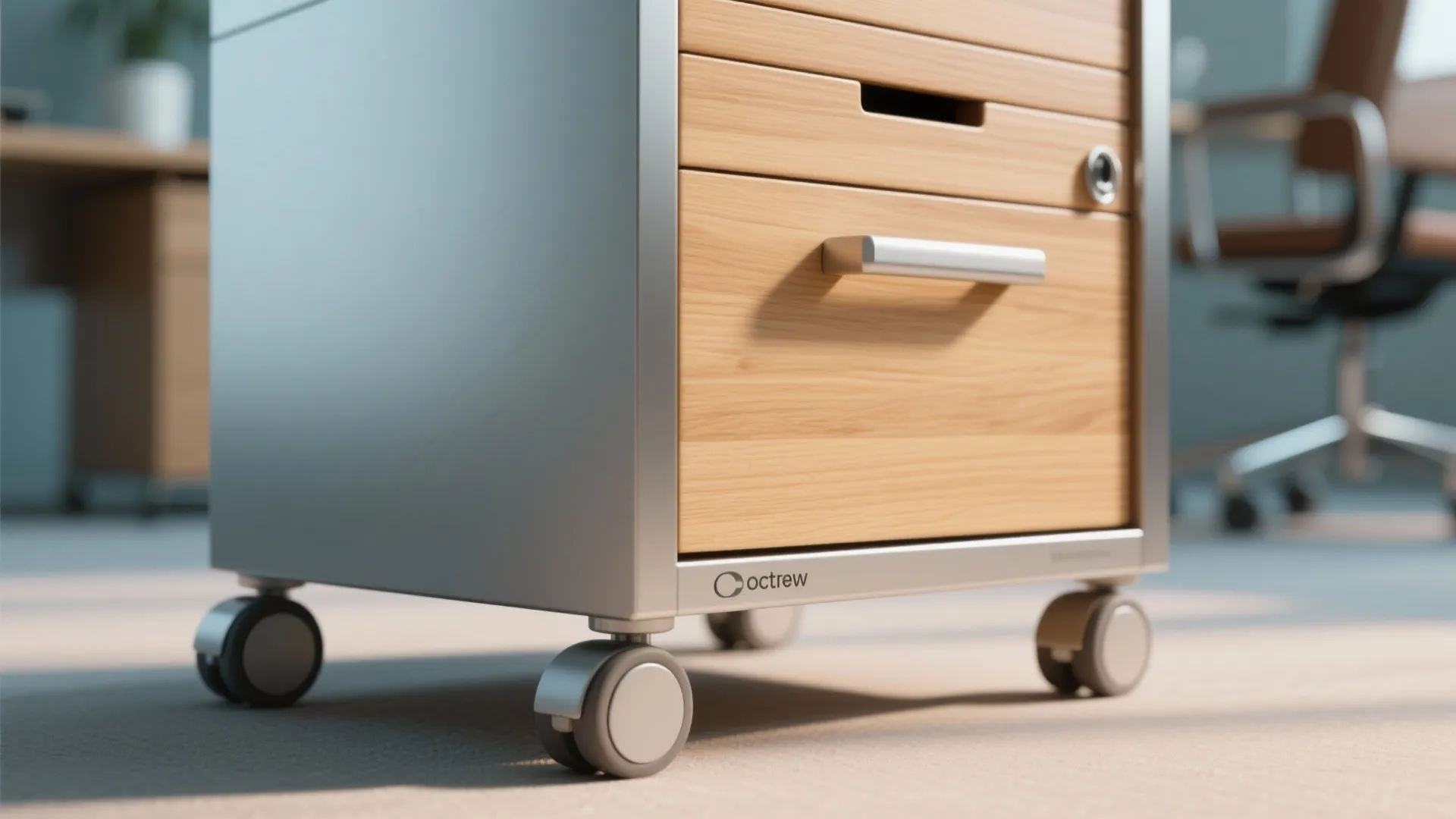 Close up of a small wooden cabinet with wheels metal handle and drawer in an office