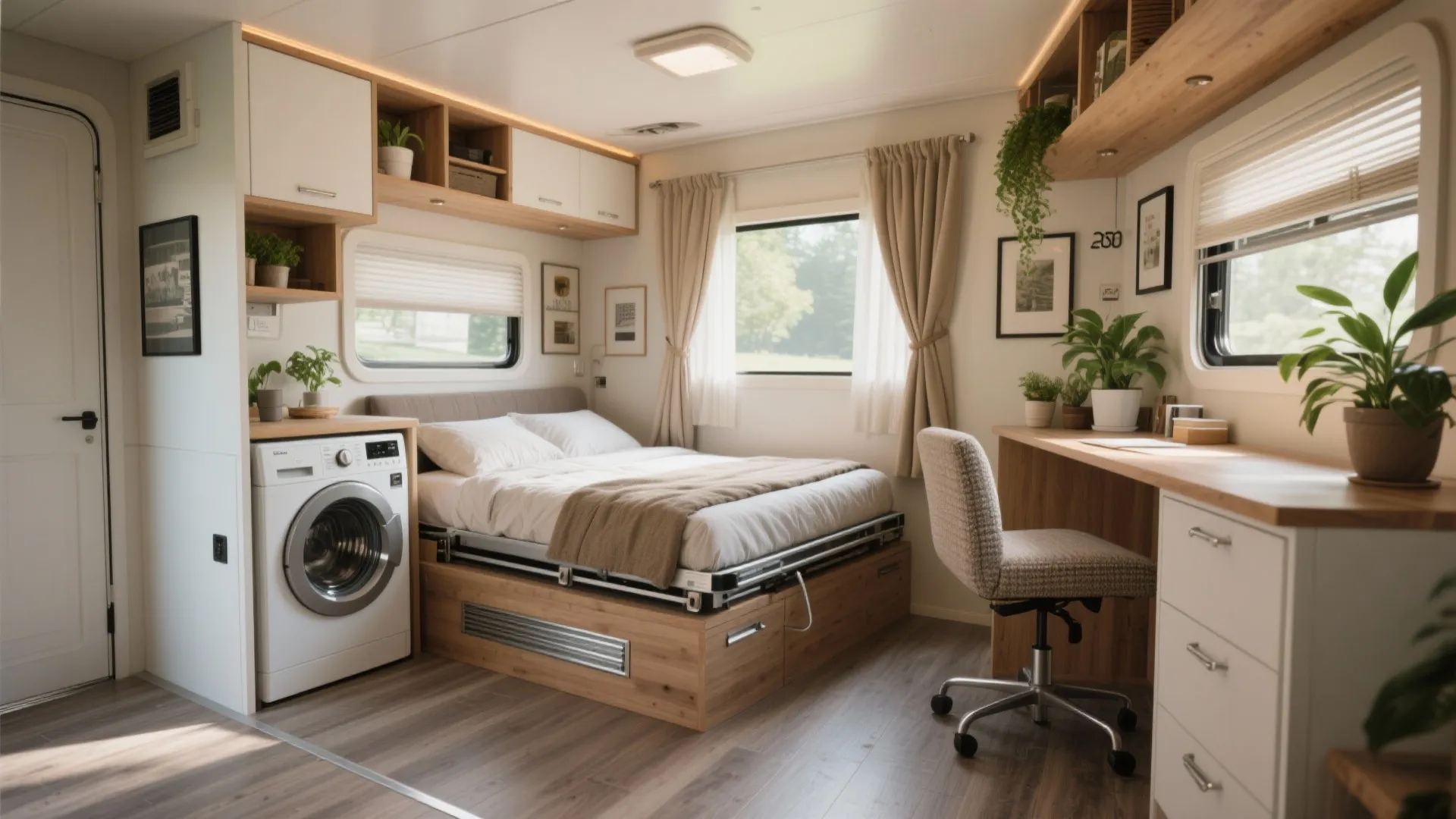 Modern small living area with bed washing machine wooden desk office chair and large bright window