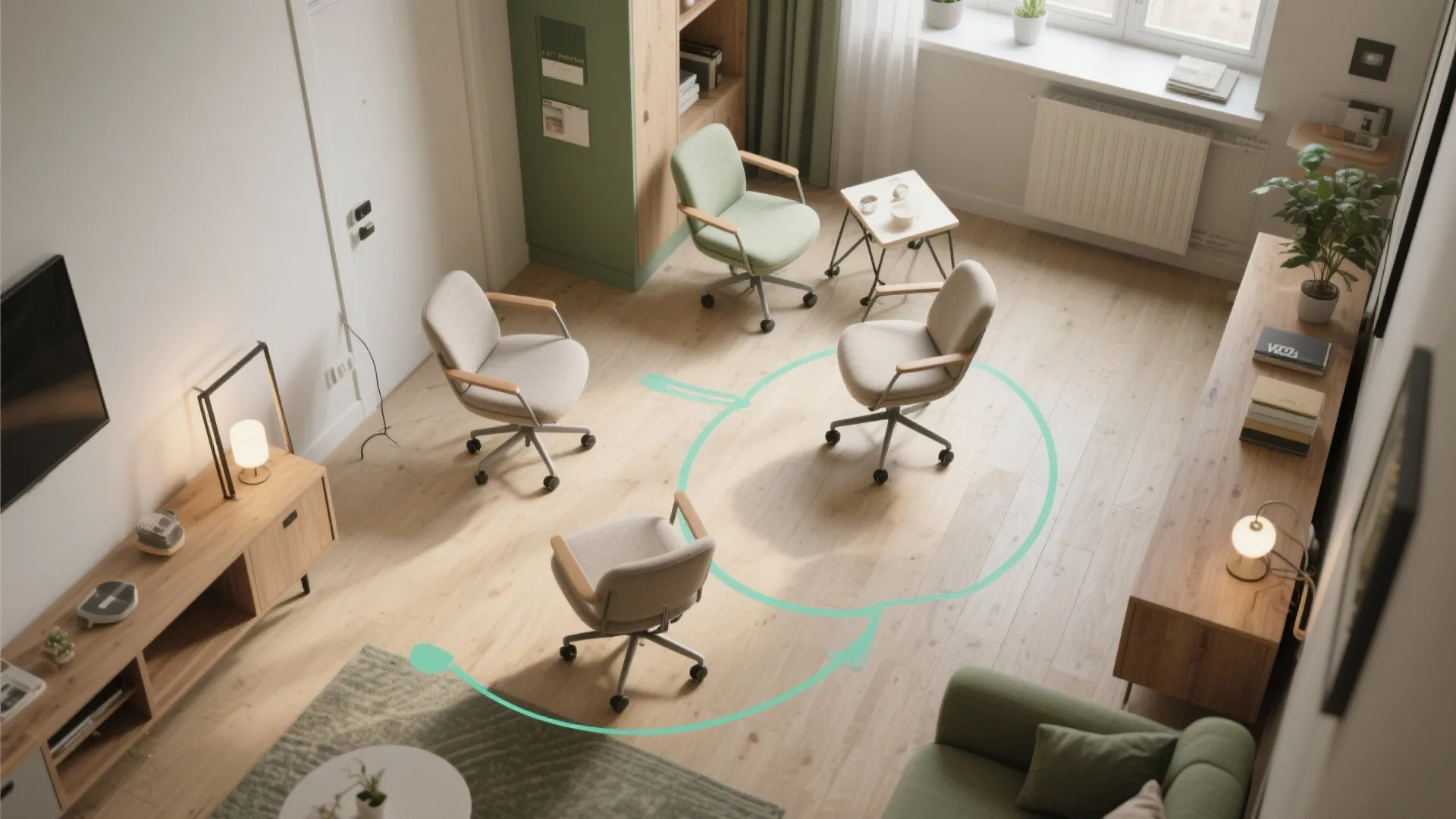 Top-down layout showing mobile swivel chairs on casters and rotation paths in a small apartment.