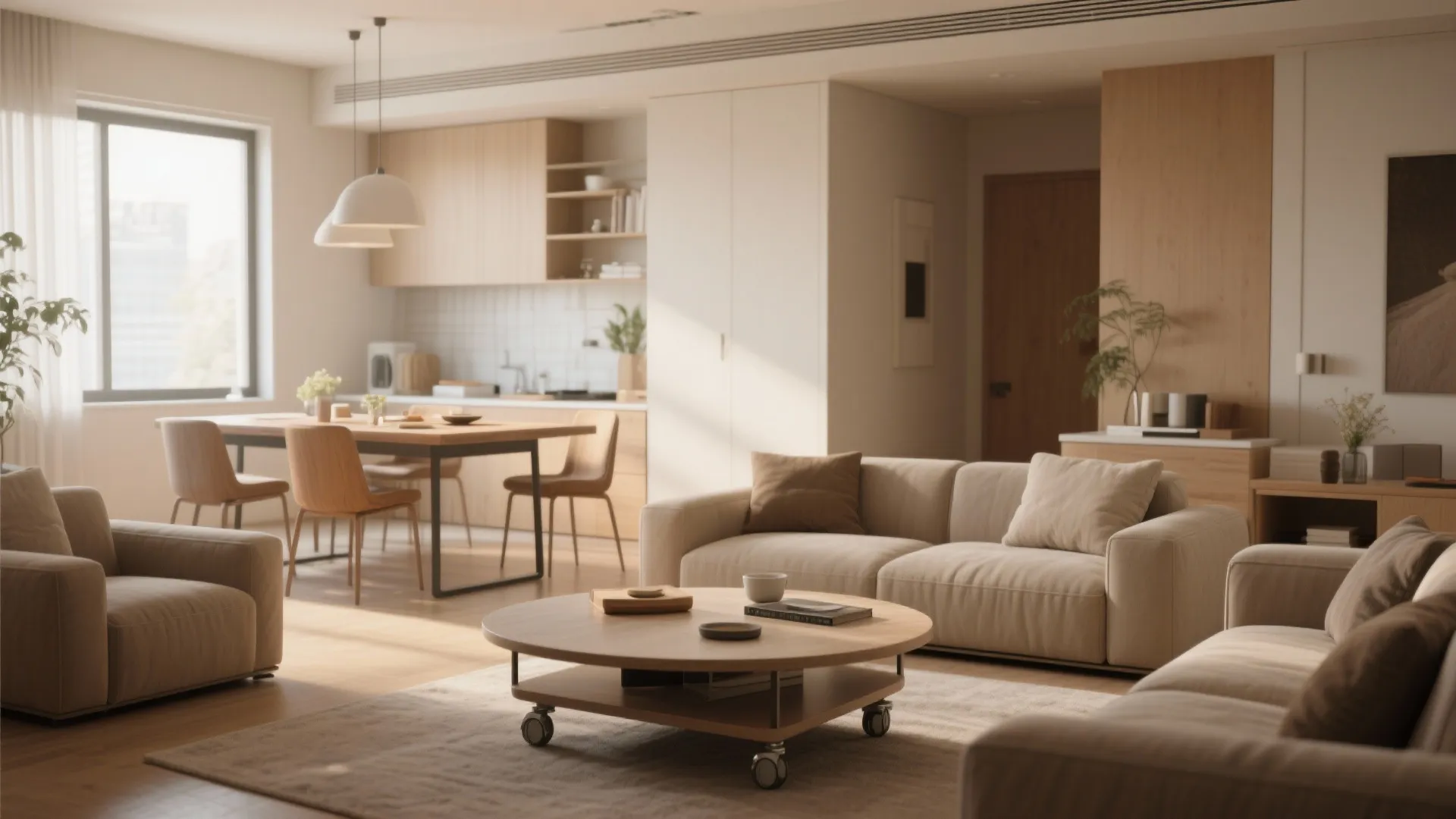 Modern open living room with beige sofa round coffee table wooden dining table and kitchen