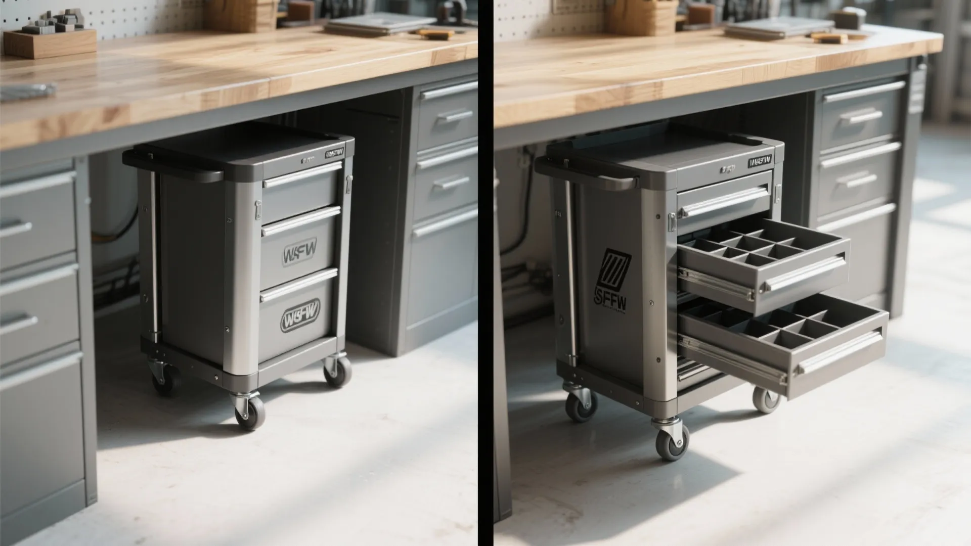 Grey metal tool cart with wheels showing closed drawers and open drawers under a workbench