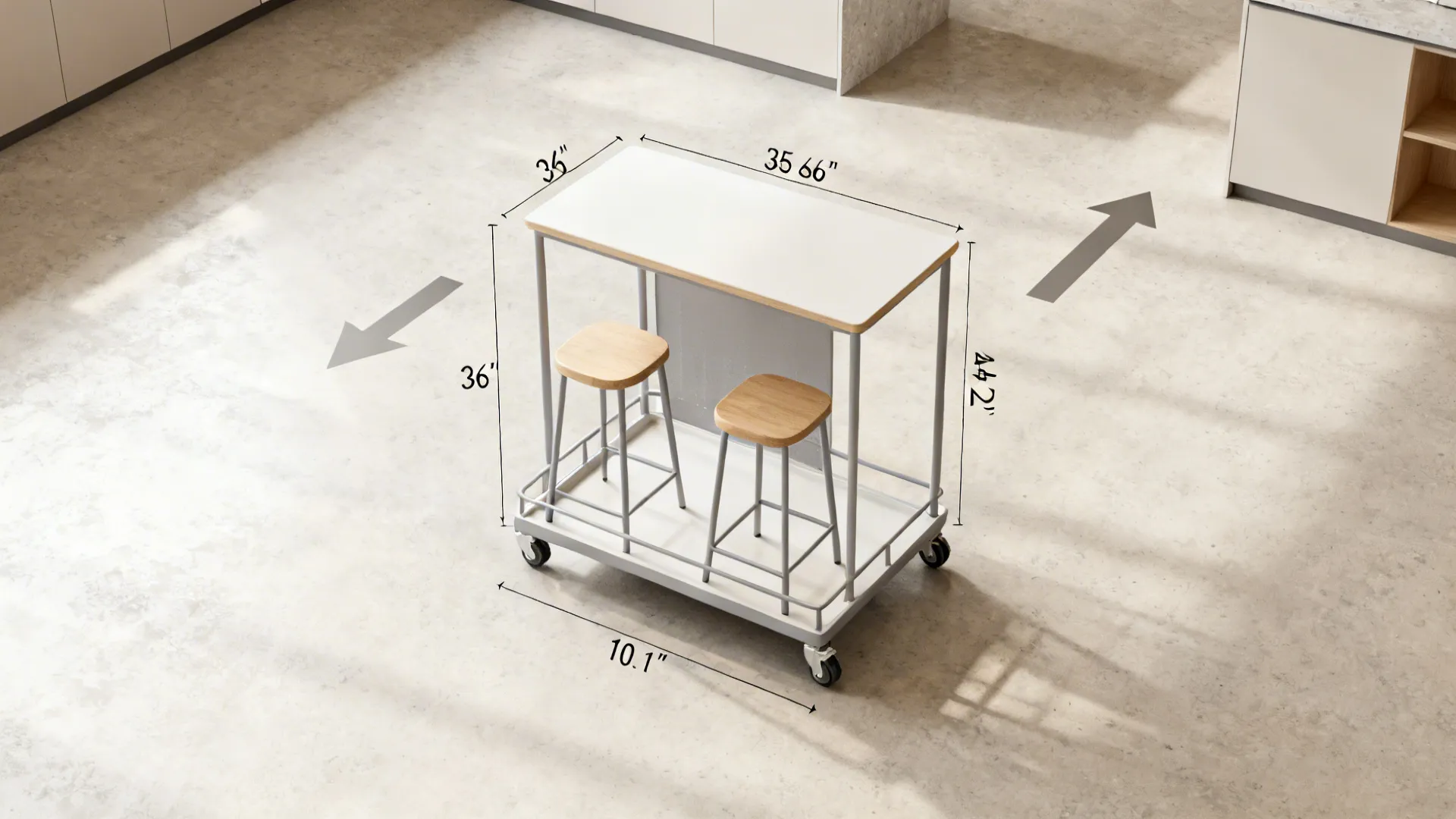 Top-down layout of a rolling micro-island with two stools and clear aisle measurements.