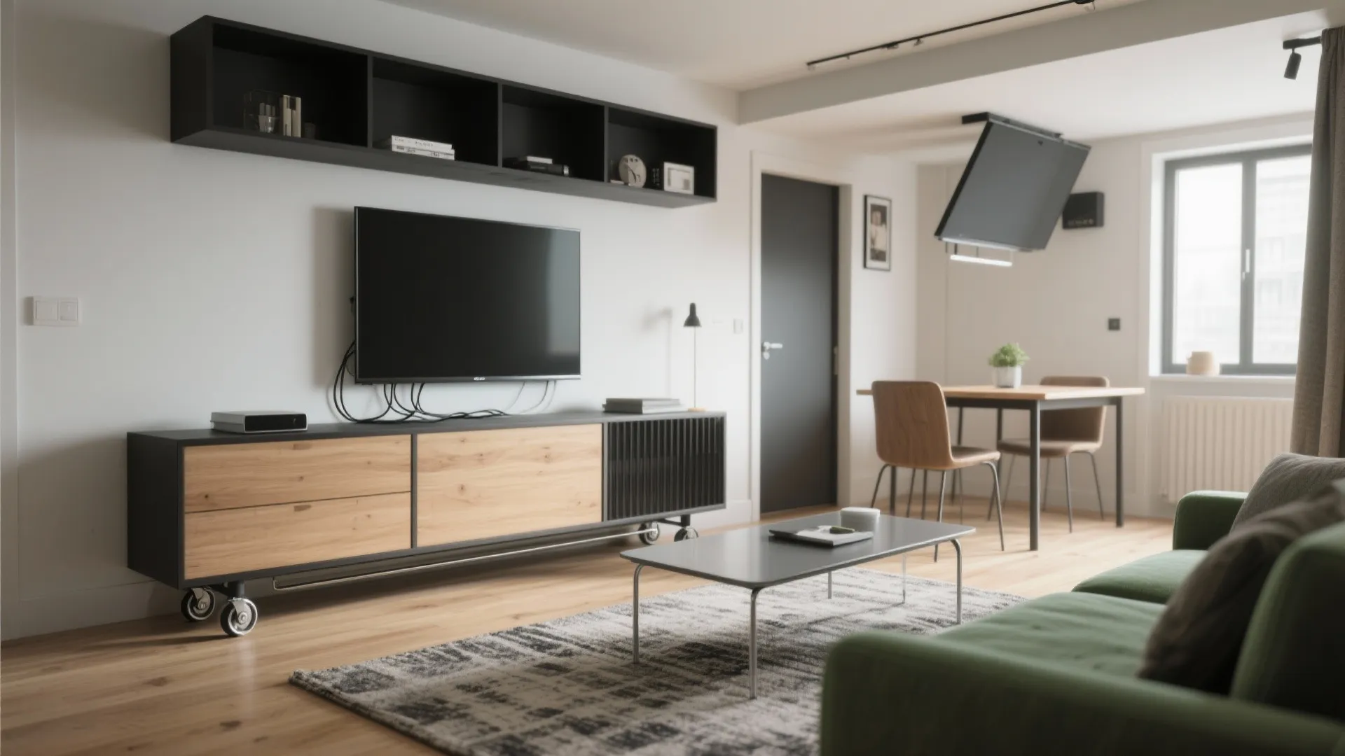 Make the TV mobile: rail, cart, or fold-down