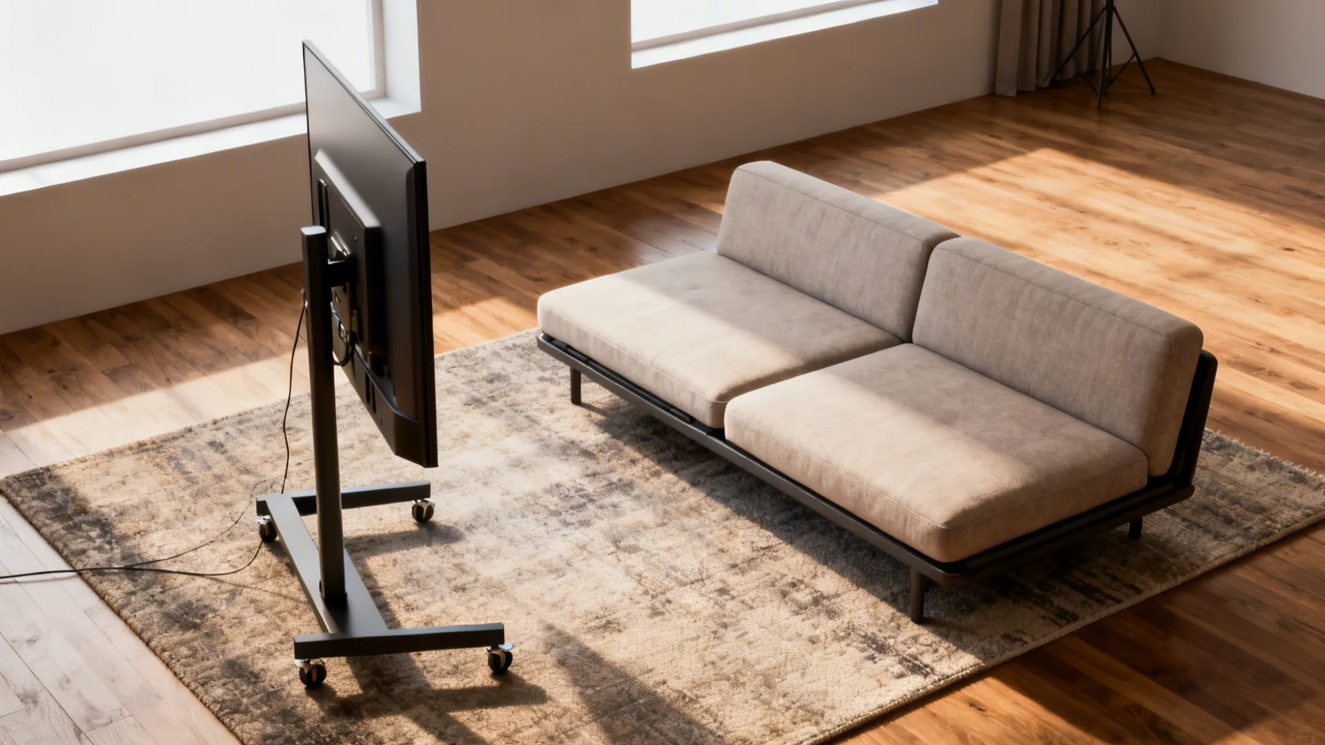 Slim mobile TV trolley beside a convertible sofa in a small studio space