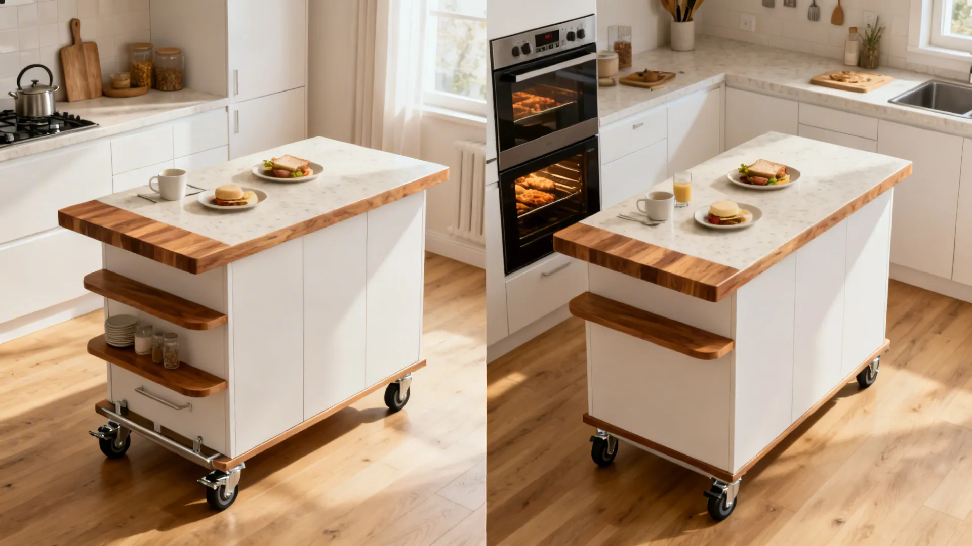 Before-and-after view of a small kitchen using a locking-caster island that shifts from breakfast bar to baking station.