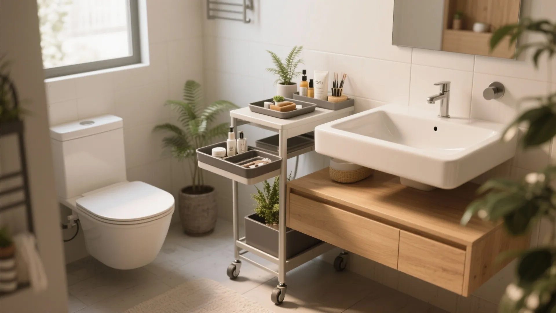 5. Mobile vanities, trays, and greenery for flexible style