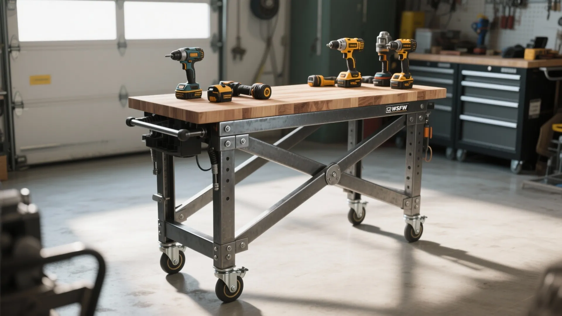 Mobile workbench with wheels and wood top holding several power drills inside a bright garage