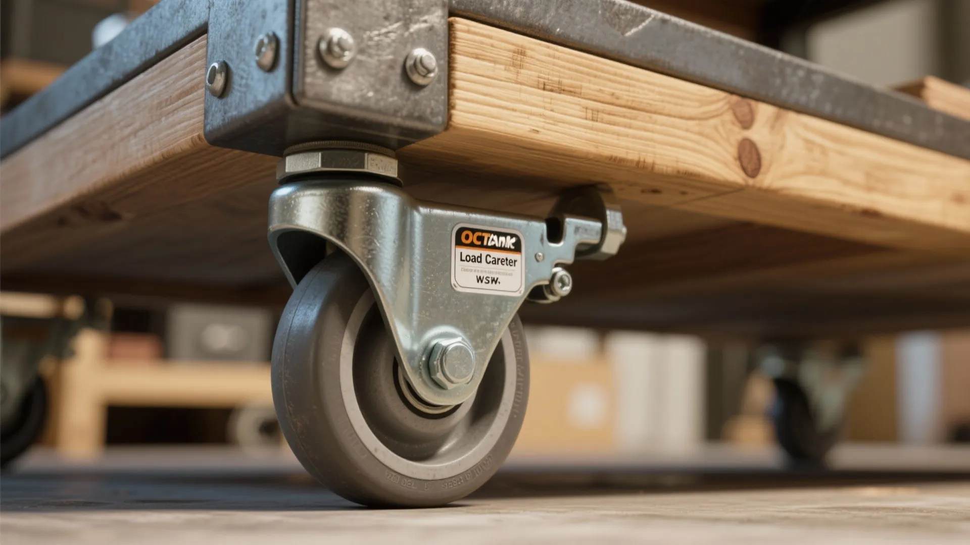 Heavy duty metal wheel attached to a wooden mobile workbench with visible bolts and grey tire