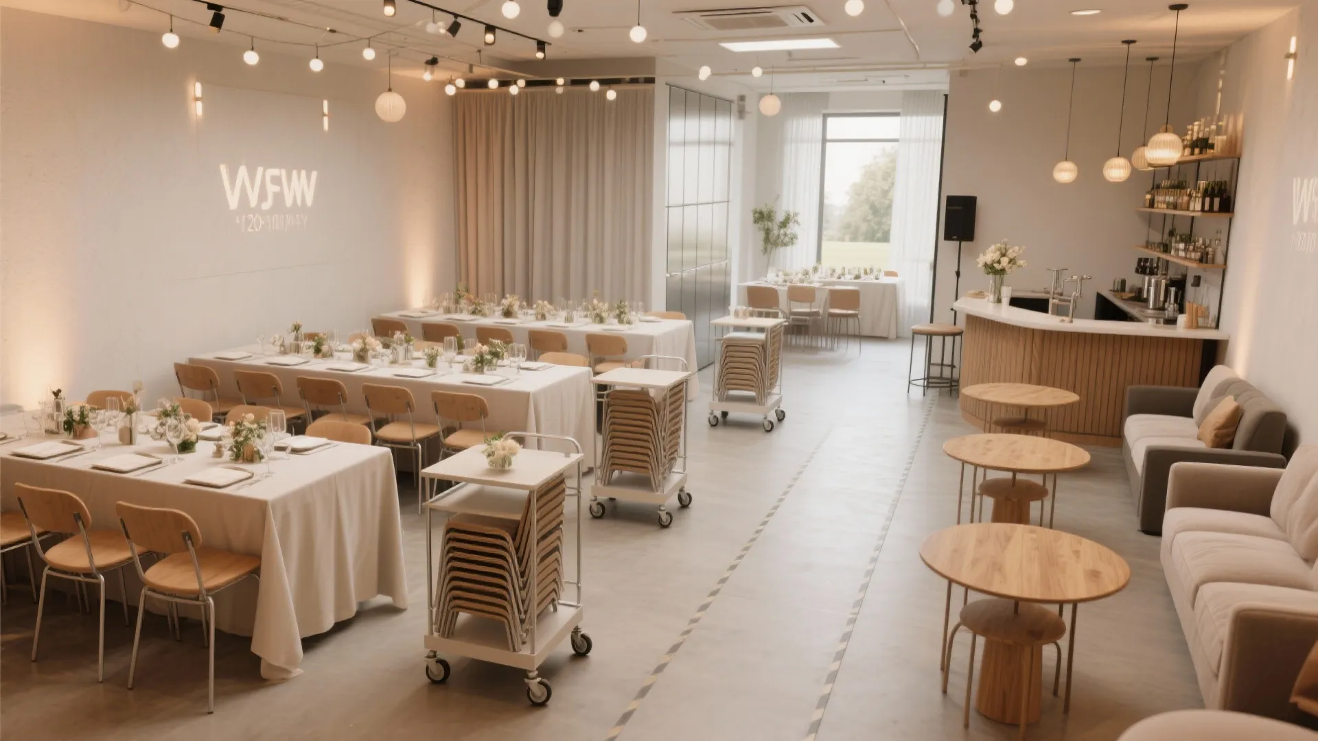 Bright indoor event space featuring long dining tables, wooden chairs, bar, sofa, and hanging lights