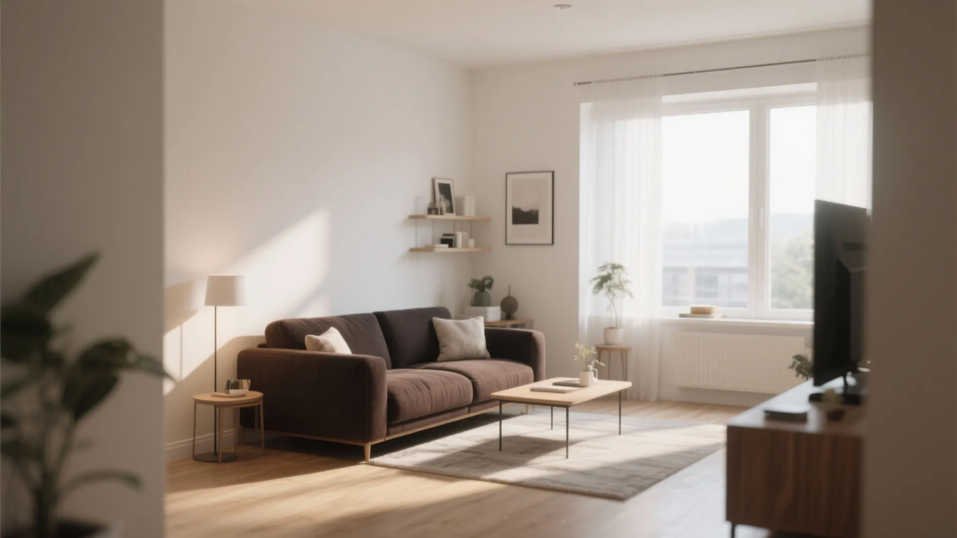 Mocha couch with off-white walls in a small living room