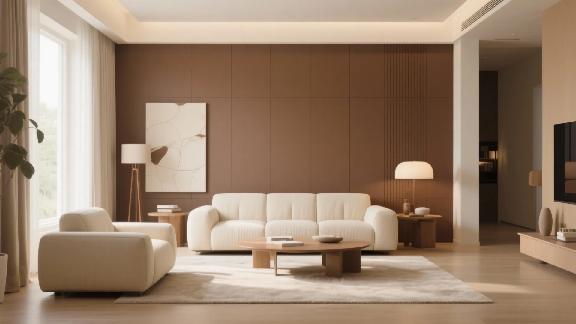Mocha feature wall creating contrast in a cream-themed living room