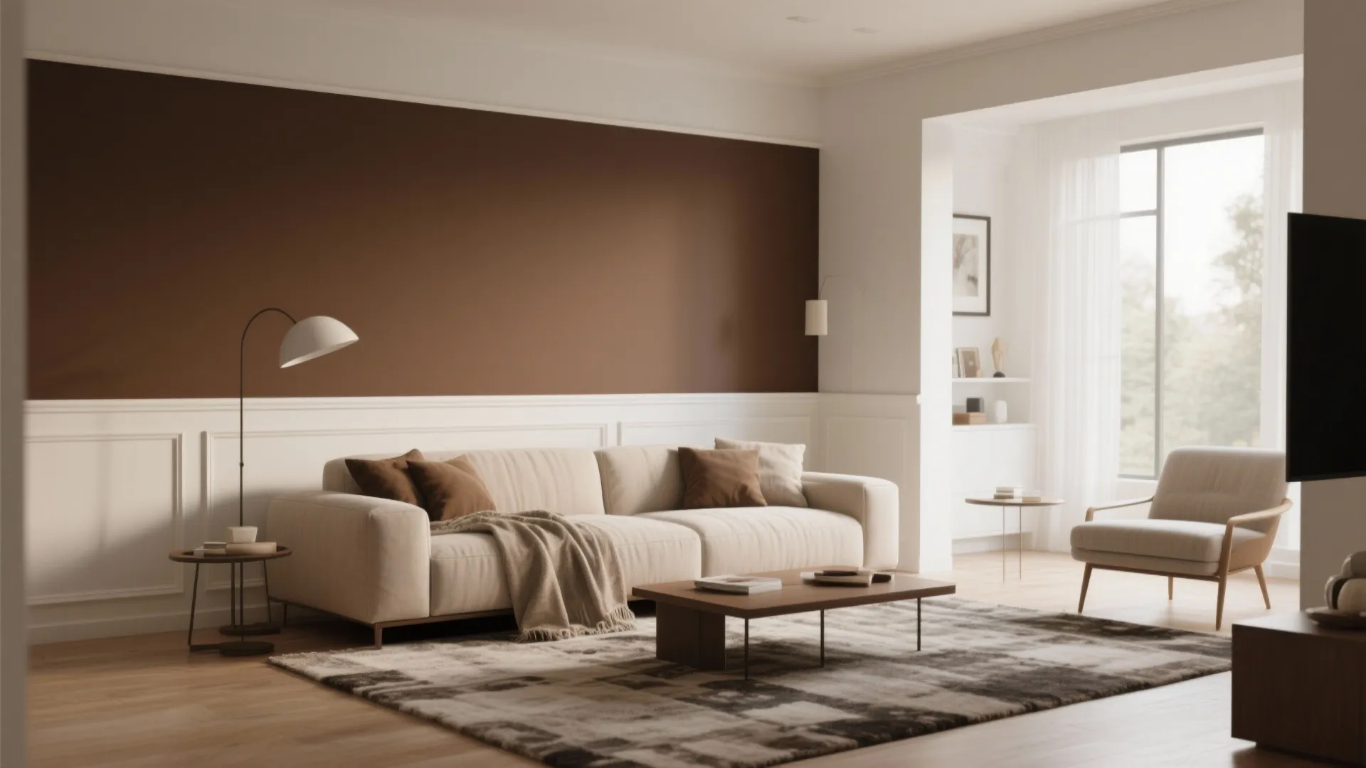 Mocha brown wall with linen white trims in cozy living room