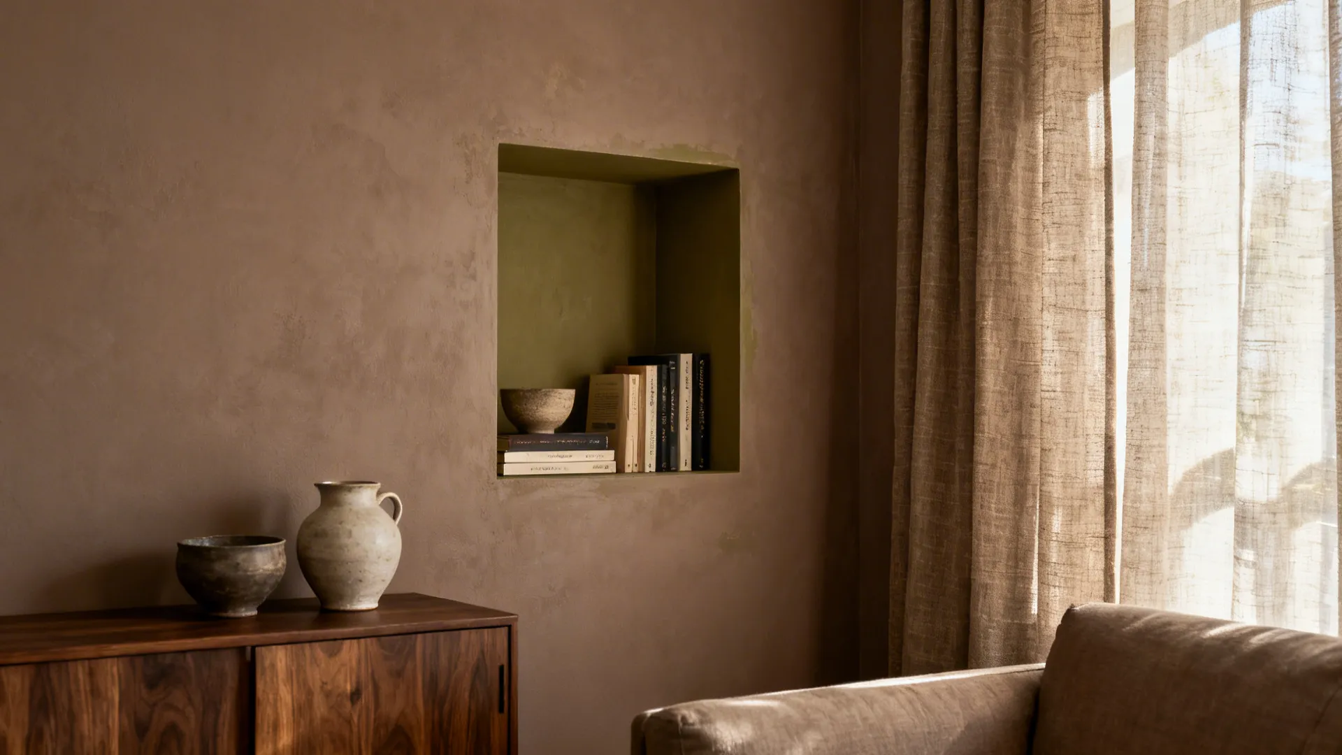 Mocha taupe living room with an olive niche showcasing books and linen curtains filtering daylight.