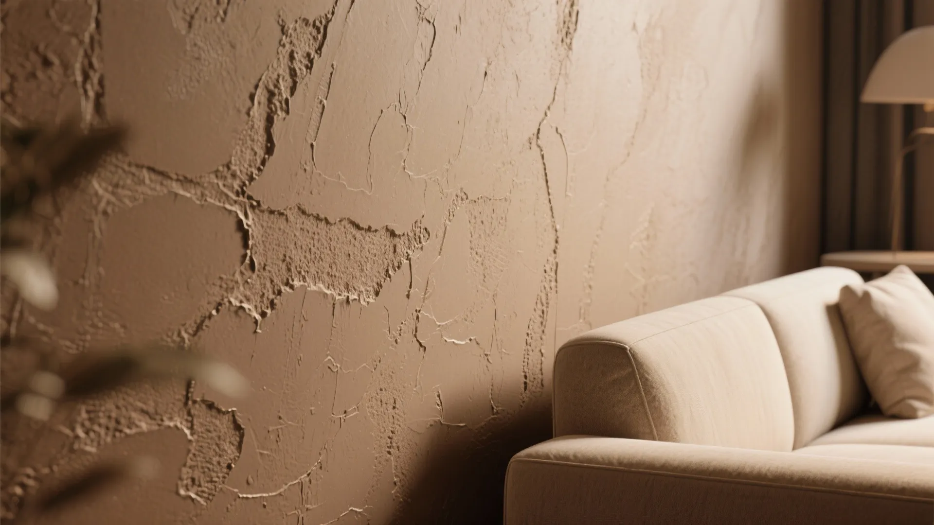 Close up of a textured brown wall surface with rough plaster details near a sofa