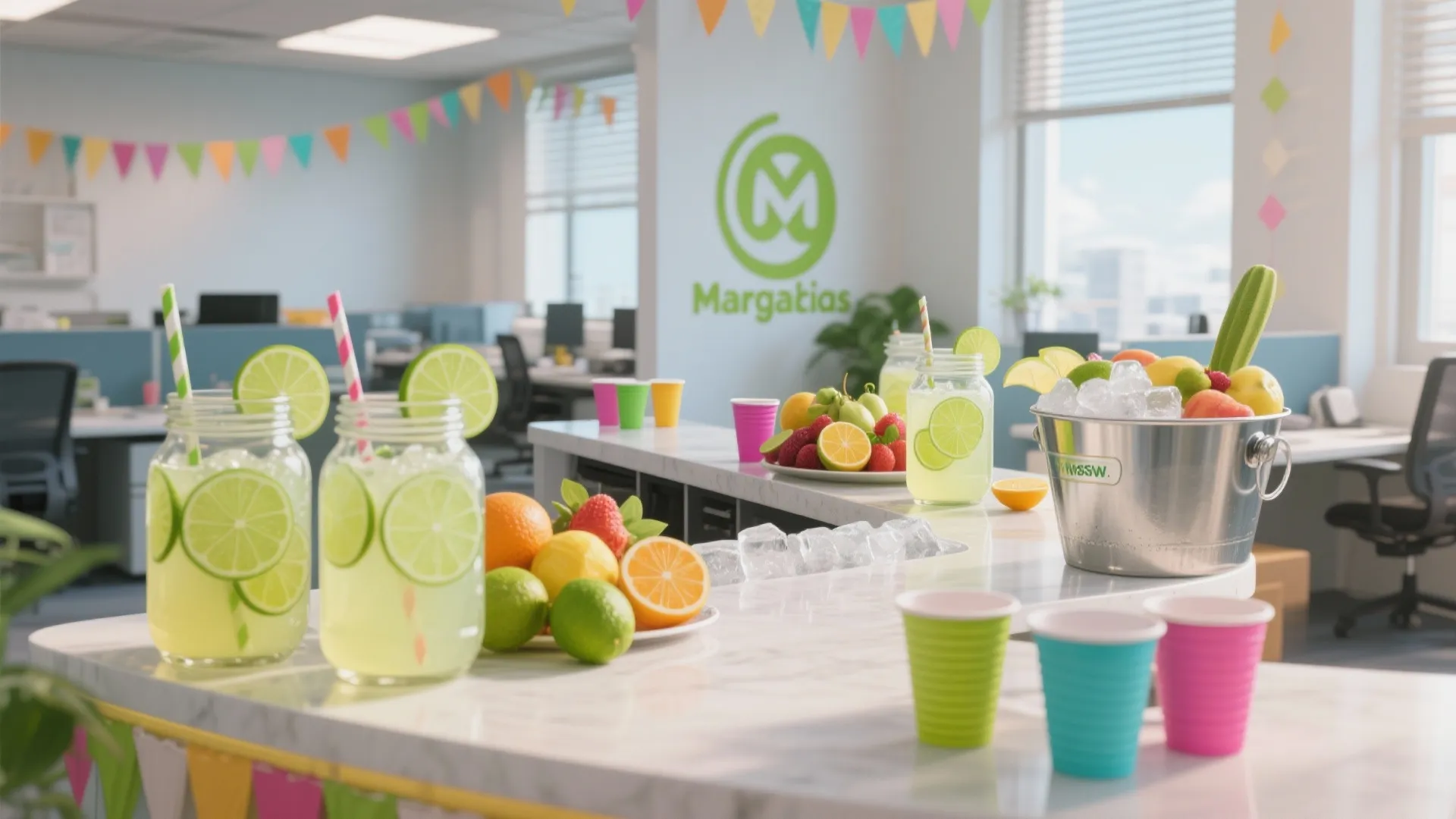 Office mocktail station with fresh lime drinks fruit bowls ice bucket and colorful cups on counter