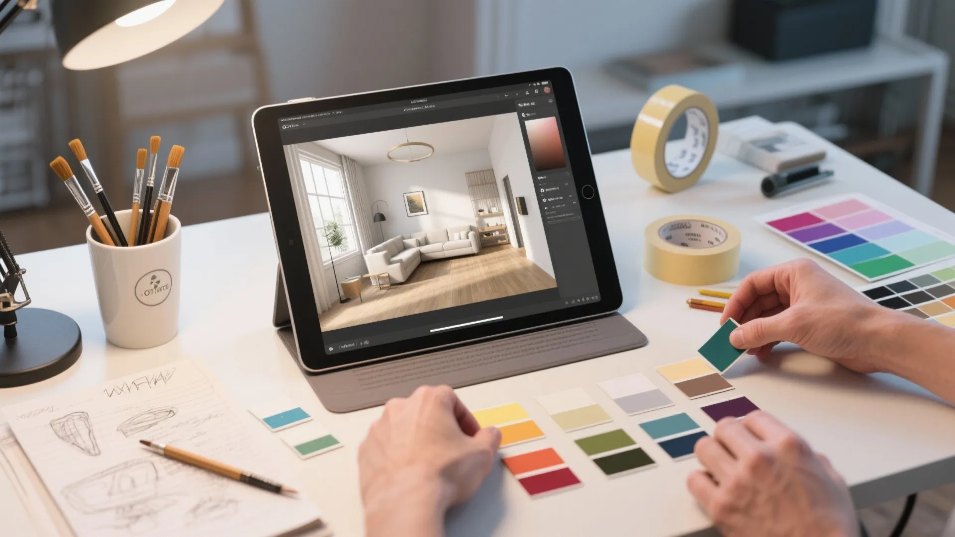 Tablet displaying interior design drawing while hands choose colorful paint swatches on a white table