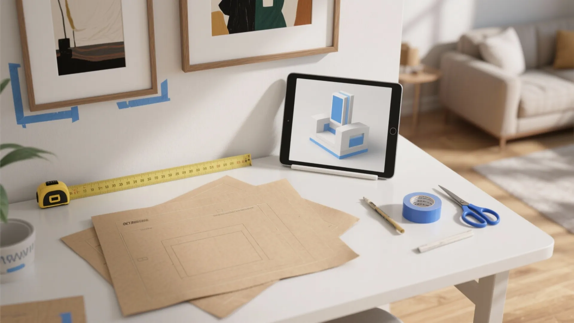 Desk with tape measure and scissors next to tablet showing a 3D furniture design model