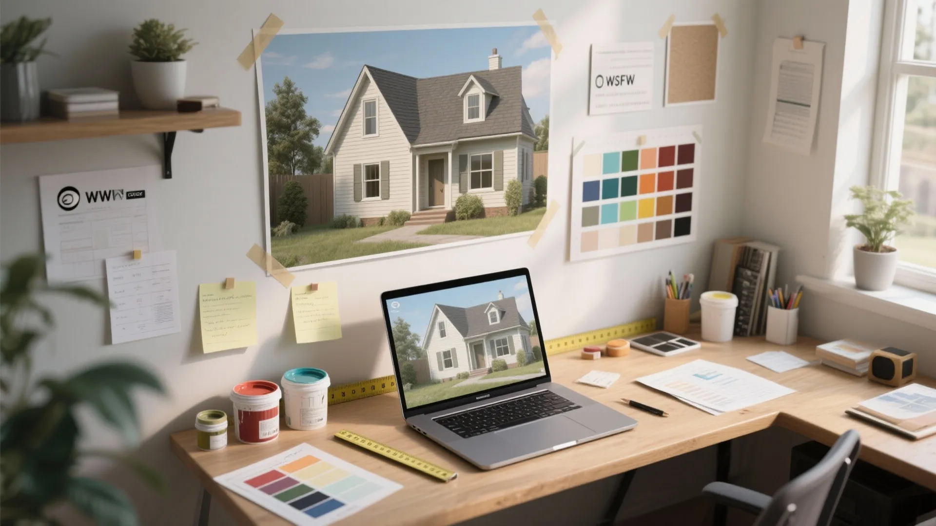 Laptop on a wooden desk showing an interior design drawing of a white small house