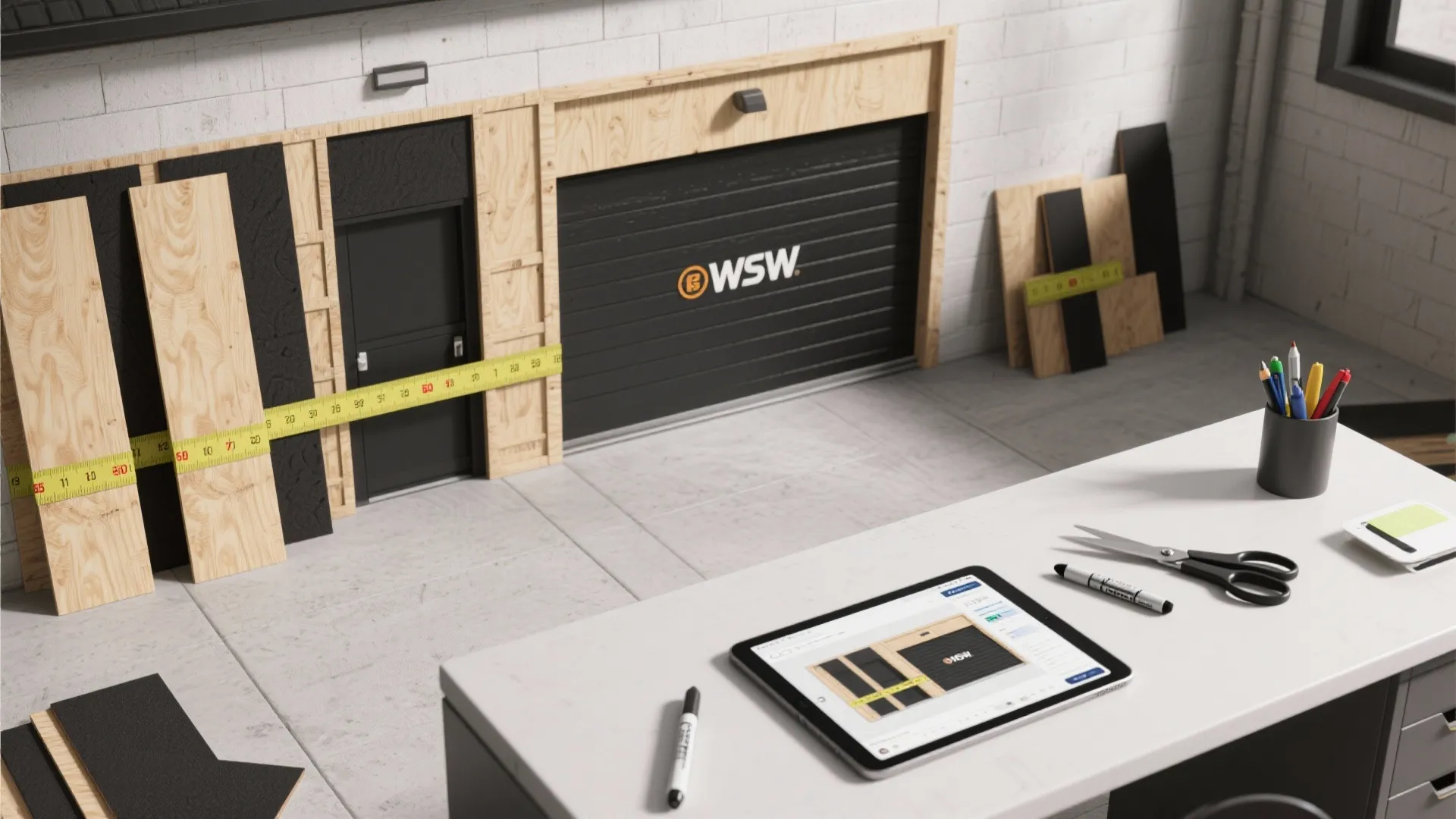 Workspace with tablet showing interior design drawing next to wall panels and small garage door