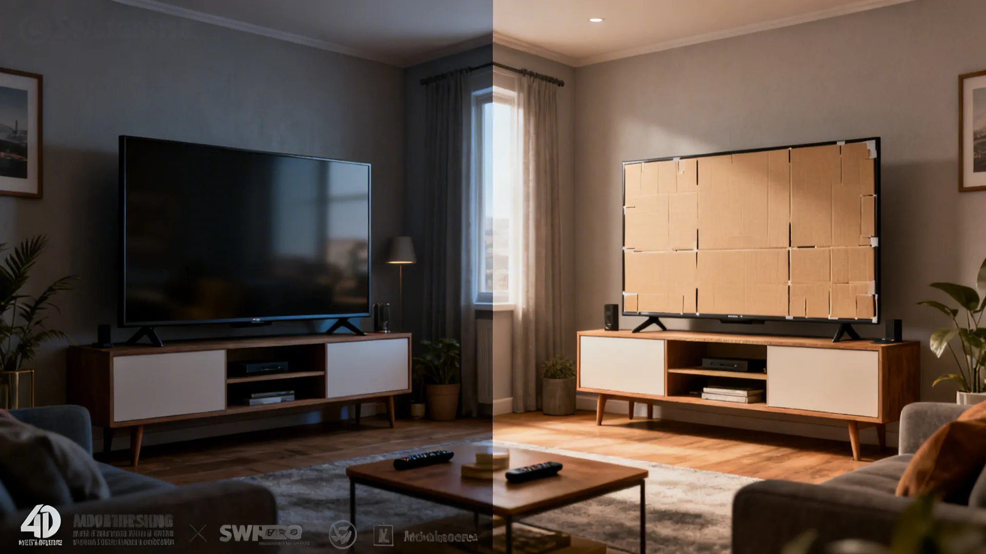 Split comparison of an oversized TV mounted awkwardly and a balanced setup using a cardboard mockup in a small living room.