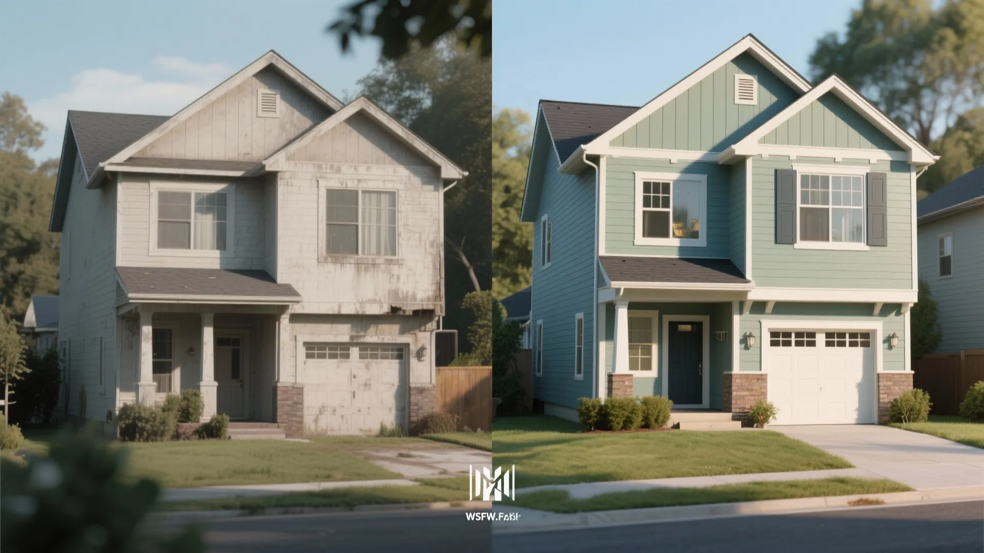Before and after comparison of an old house versus a renovated blue house with white trim