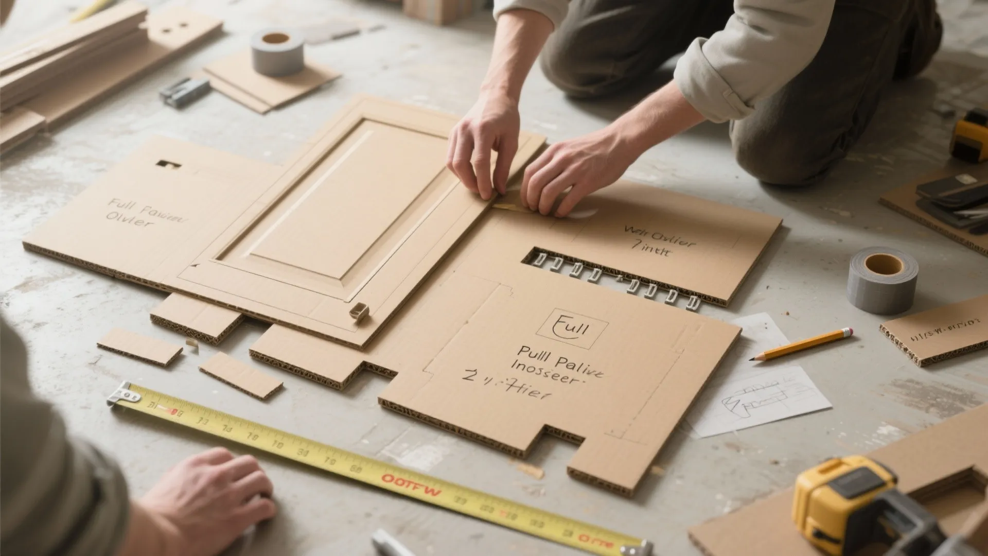 Top-down view of cardboard cabinet face mockups with measuring tools and filler strips.