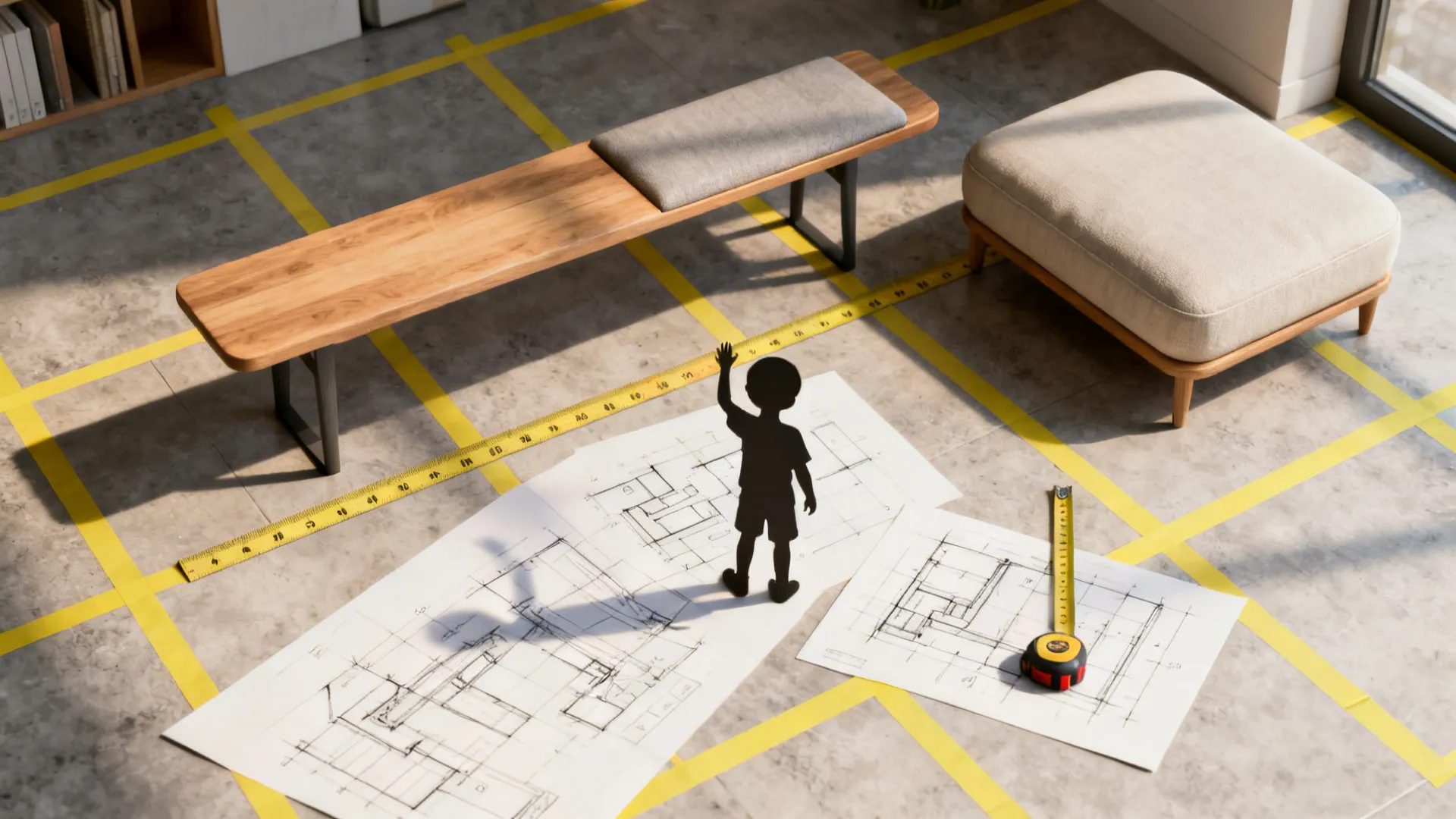 Top-down mockup of bench and ottoman layout tested at child height with sketches and measuring tools