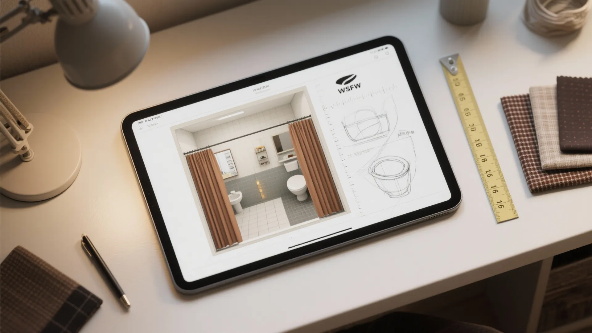 Tablet on a white desk showing a bathroom interior design drawing with a brown curtain