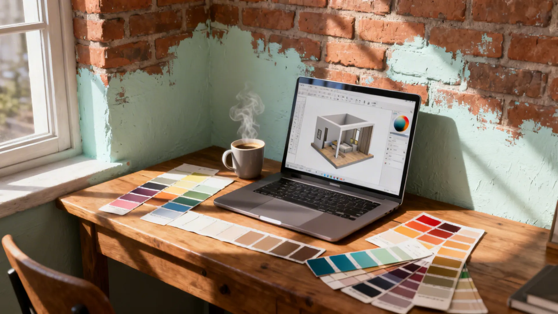 Laptop showing interior design drawing on wooden desk with coffee mug and colorful color swatches