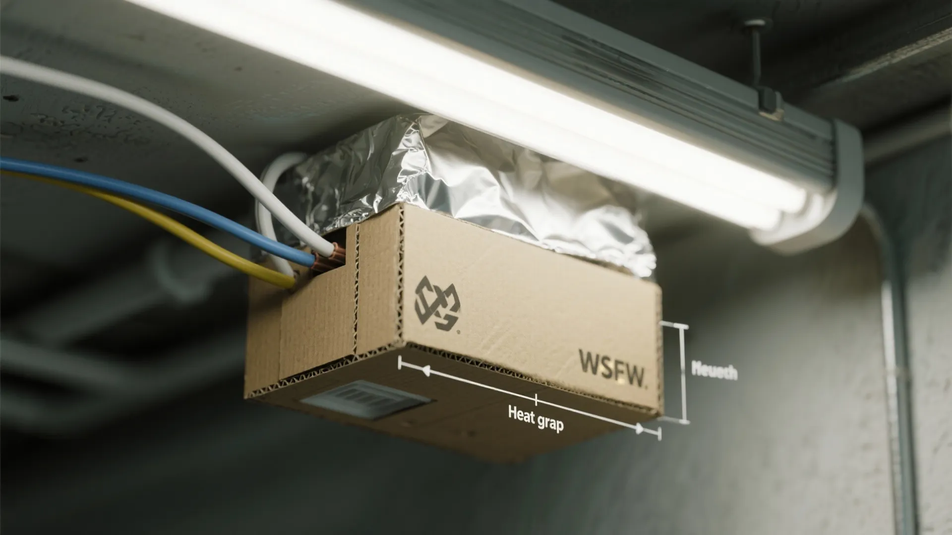 Macro mockup showing a cardboard-and-foil reflector under a fluorescent tube with visible air gap and safety labels.