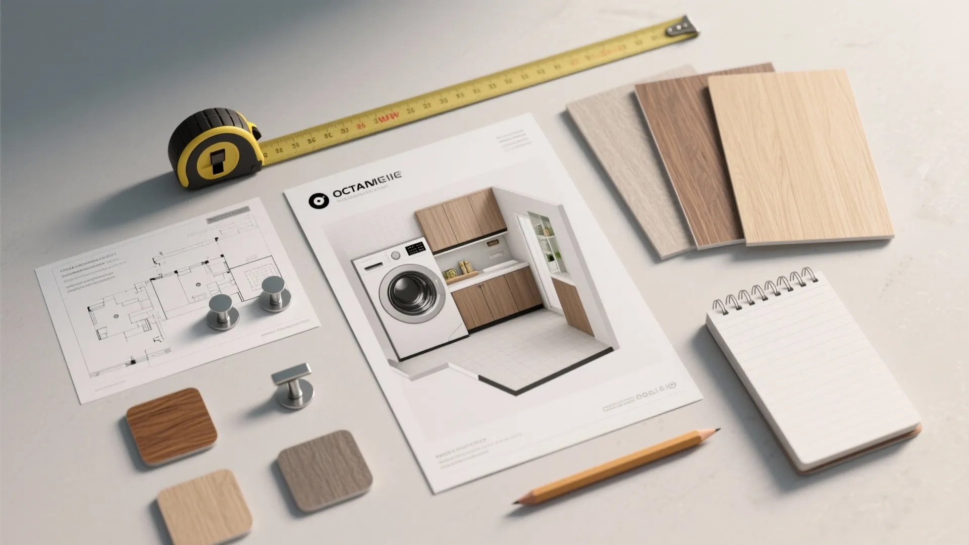 Interior design floor plan mockup with wood material samples plus tape measure and a notebook