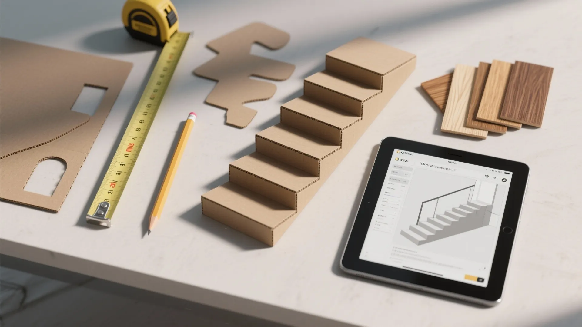 Top-down flatlay of tools for stair mockups including cardboard tread templates, tape measure, wood samples, and a tablet with a 3D planner.