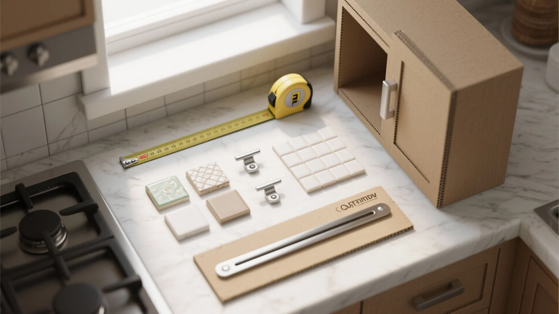 Kitchen material samples with measuring tape and cardboard cabinet model on a white marble countertop surface