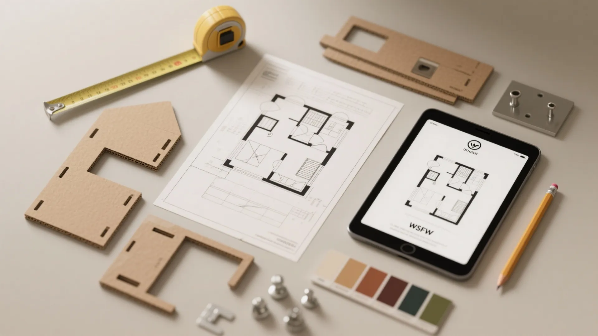 Interior design floor plan sketch with tablet showing digital layout and cardboard house model on desk