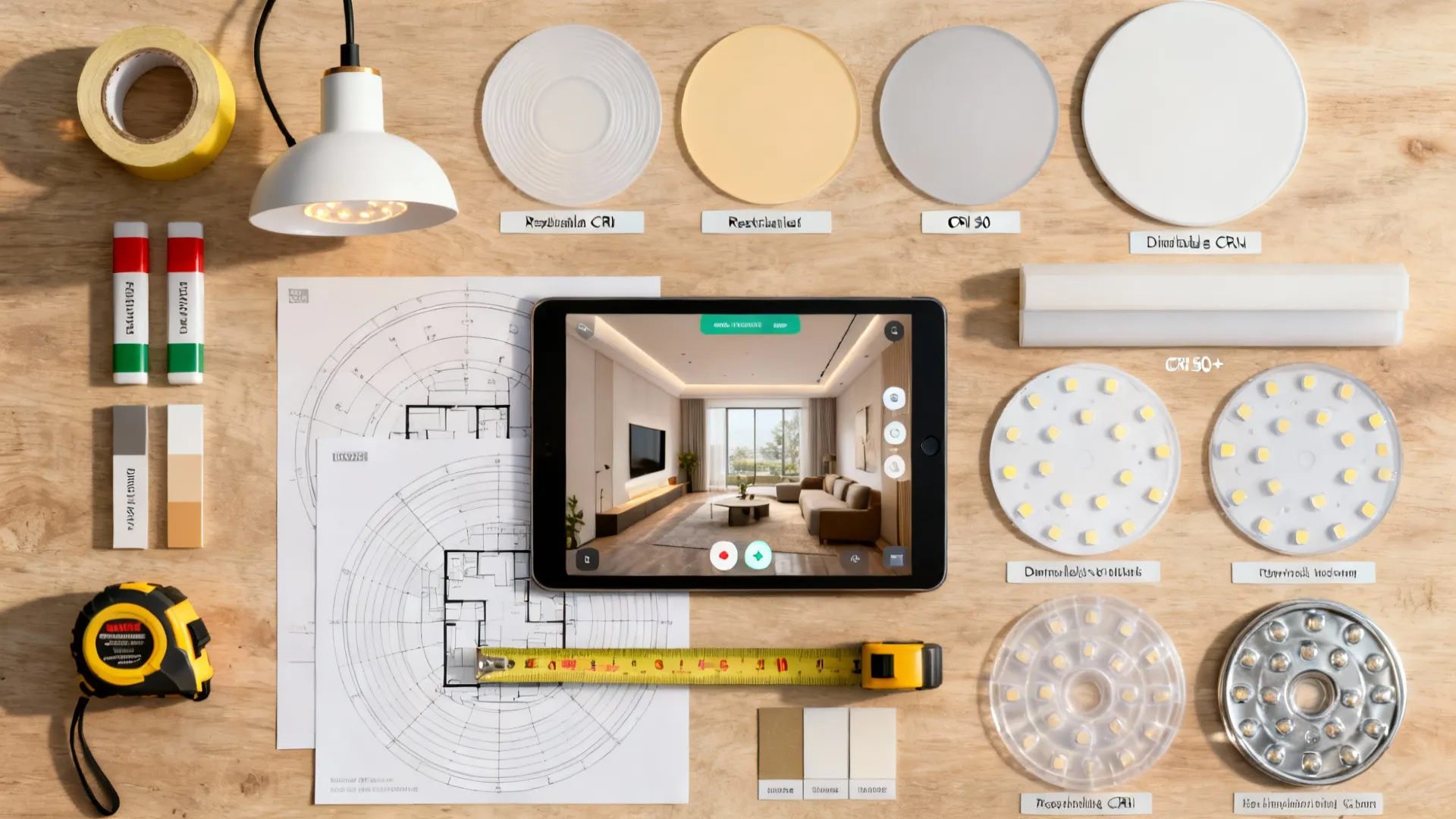 Flatlay with tape markers, temporary lamp, high-CRI LED samples and a tablet showing a 3D room planning app for lighting mockups.