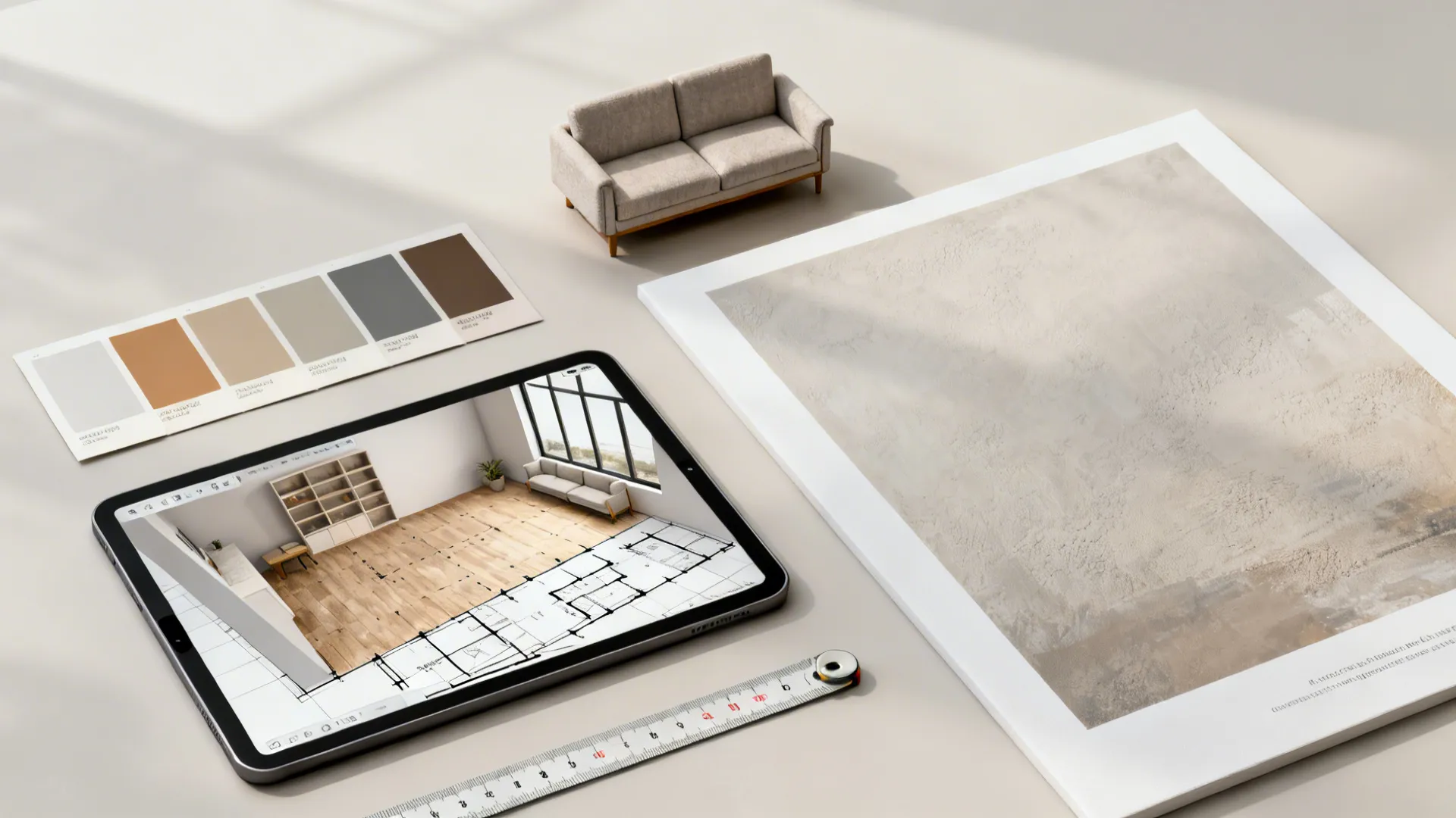 Tablet with 3D floor planner, paint swatches and scale model for wall layout mockups