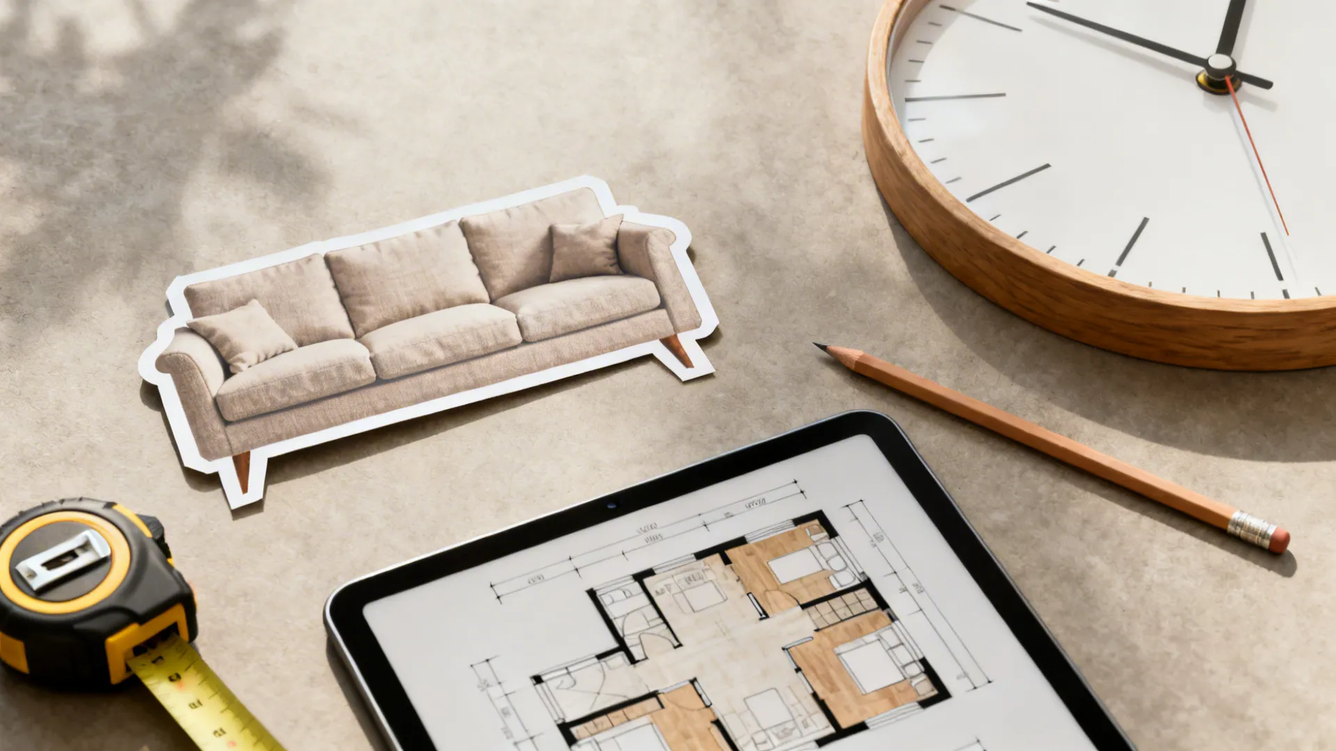 Top-down flatlay of a room-planner mockup with paper cutouts, tape measure and tablet.