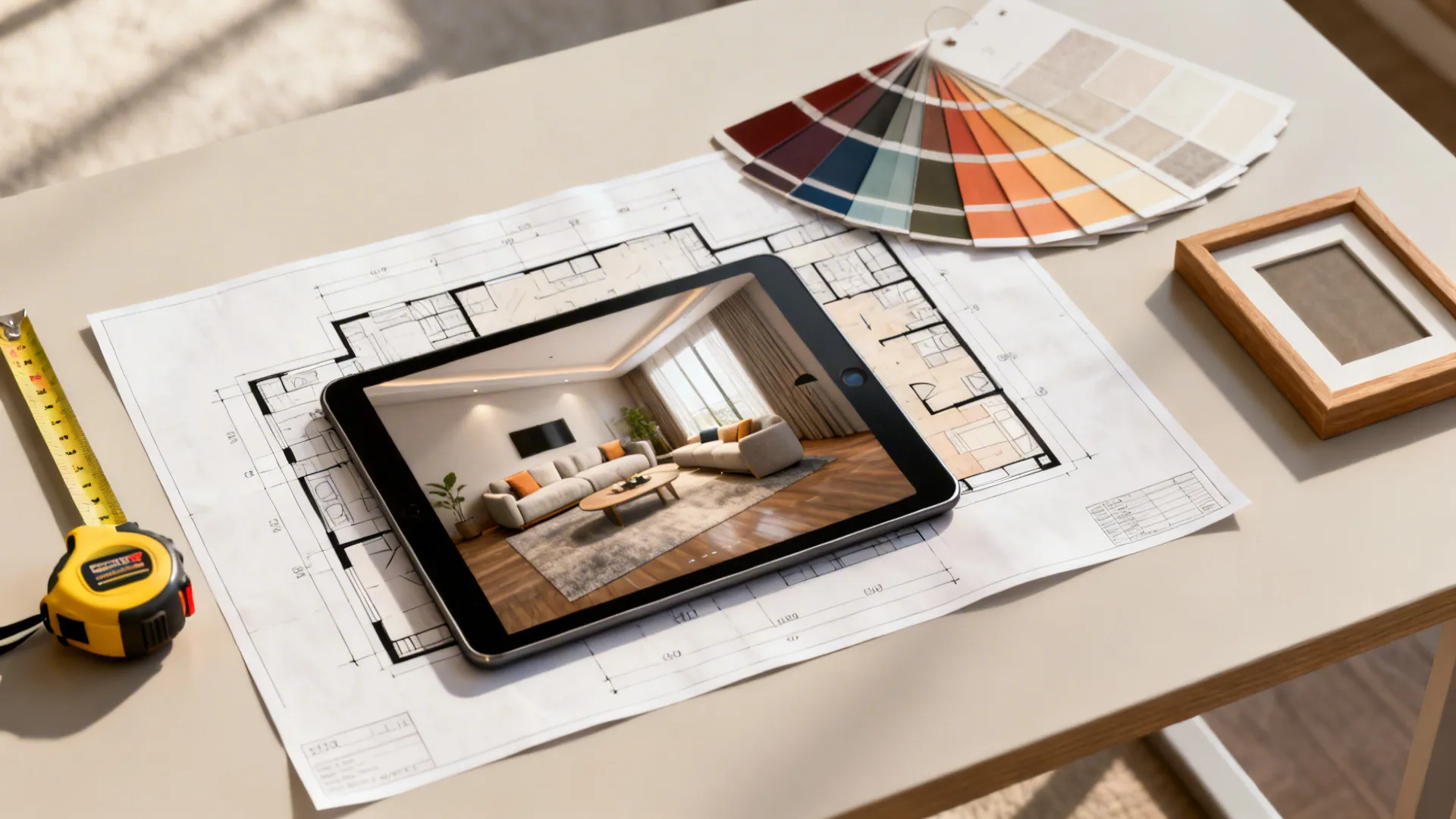 Flatlay of tools for digital mockups: tablet with 3D planner, color swatches, templates and tape measure