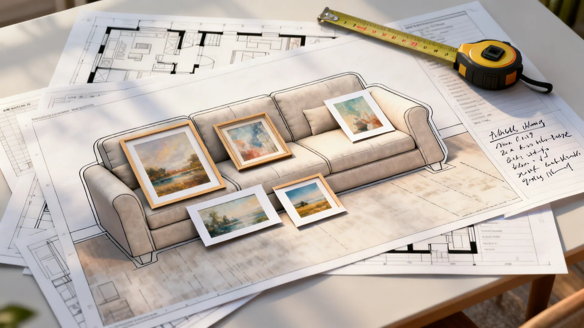 Top-down mockup of living room floor plan with paper art cutouts and measuring tools