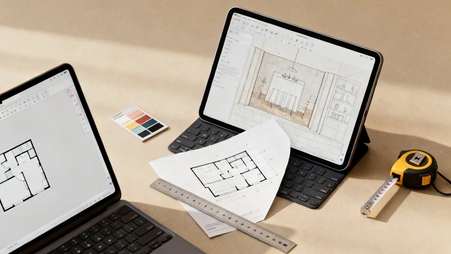 Flatlay showing a digital floor plan mockup, measuring tape and color swatches for scale testing.